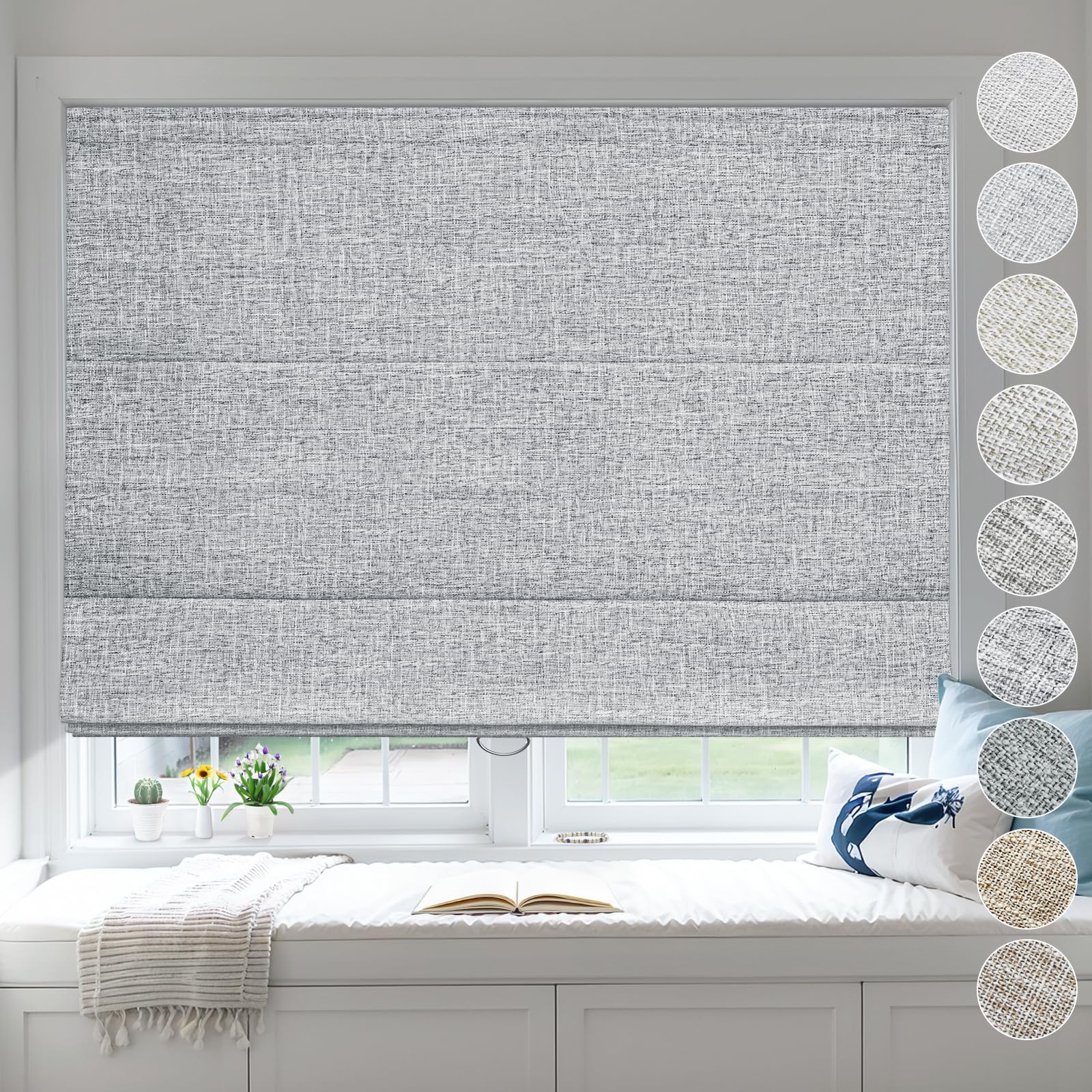Moonice Cordless Roman Blinds Blackout Linen Roman Shades Waterproof Fabric Shades for Indoor Windows Thermal Insulated Window Blinds for Bedroom Home Office Smoke Grey, 35cm W x 150cm H