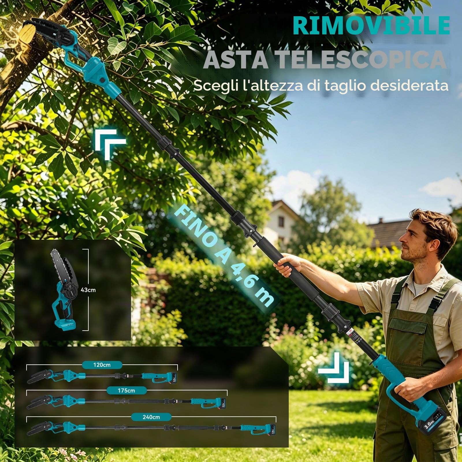 Yofidra 2 in 1 Motosega Elettrica Telescopica - 6 Pollici con 2 Batterie da 3.0Ah, con Asta Estensibile Smontabile fino a 4.6M, Sega a Batteria per Potatura, Tagliare Rami d'Albero