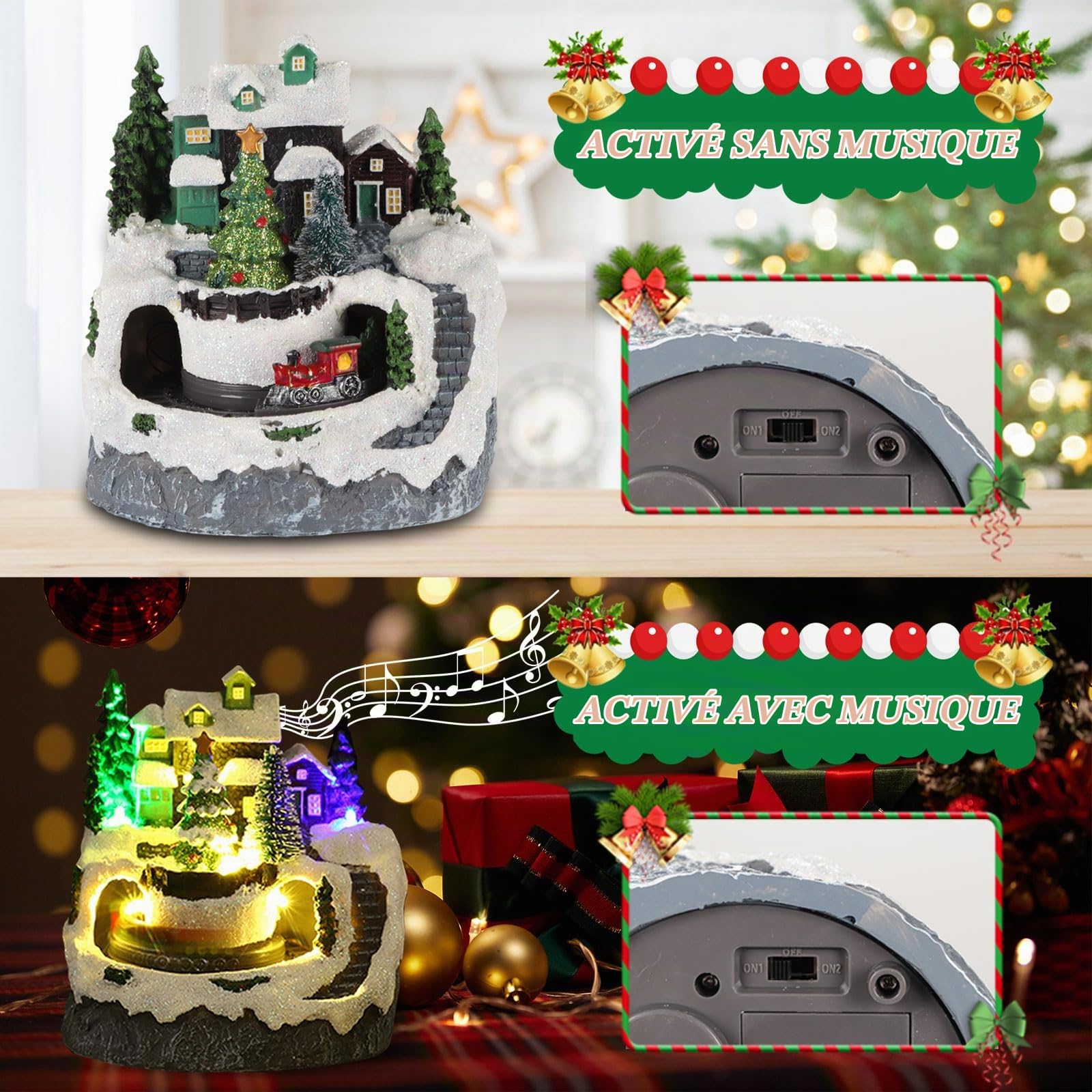 Village de Noel Lumineux, Village de Noel Miniature avec LED, Musical et Treno Tournant Animé, Alimentation par Batterie et USB Village Noel Petite maisons de Noël pour Fête de Noël Decoration
