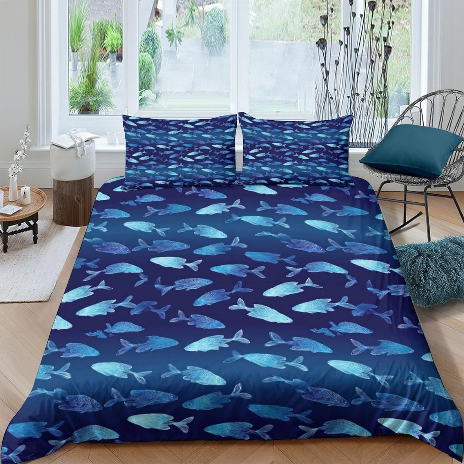 Ctjqhvkz Style-5 3D Printed Ocean Whale Fitted Sheet Microfiber Soft Navy Blue Fish Mattress Cover For Bedroom Dorm Easy Care Single（135X200cm）