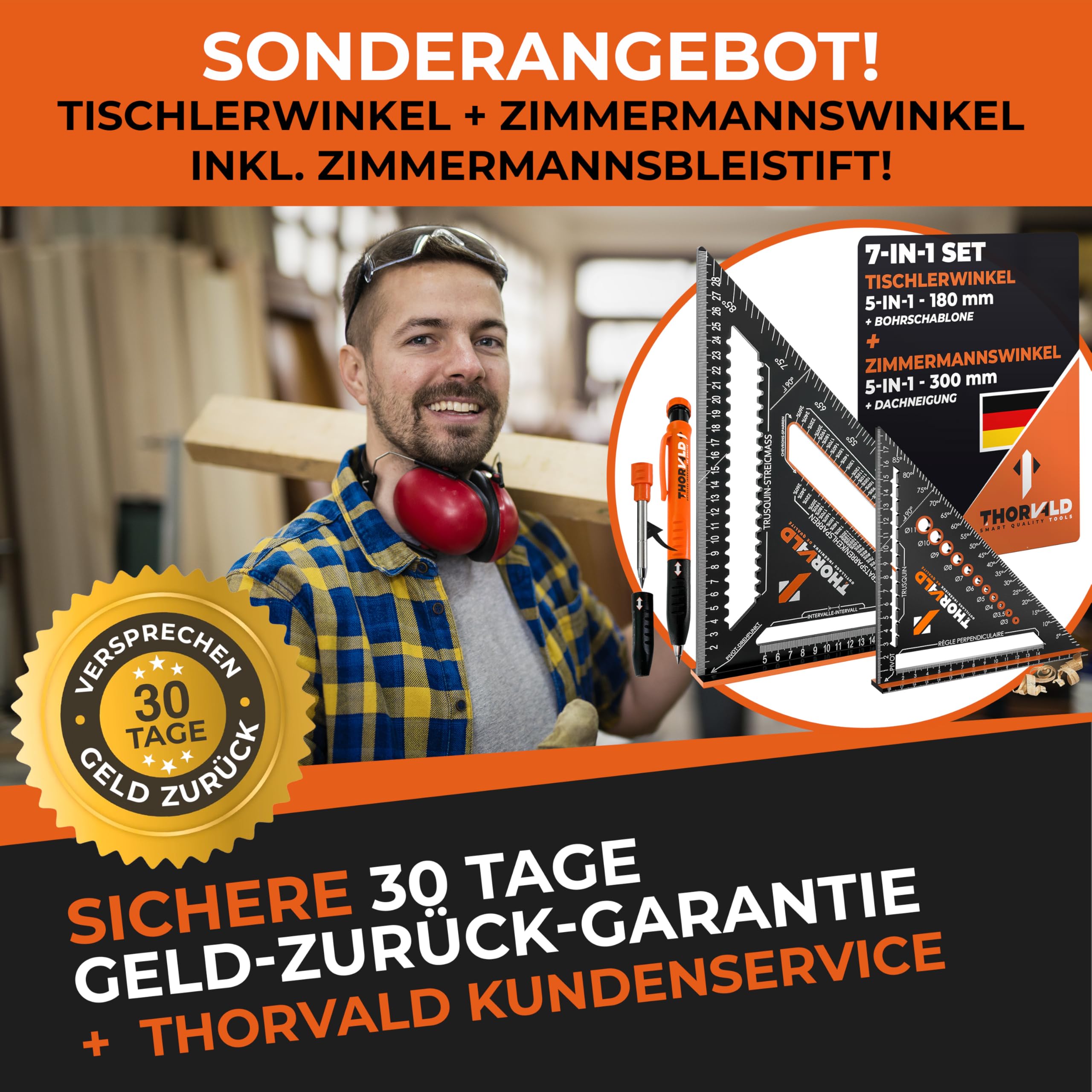 THORVALD Zimmermannswinkel 7-in-1 Set 300 mm + 180 mm Winkelmesser Anschlagwinkel - Inkl. Tieflochmarker - Aluminiumwinkel zum präzisen Anreißen & Zeichnen/Multifunktional Perfekt um Zeit zu sparen