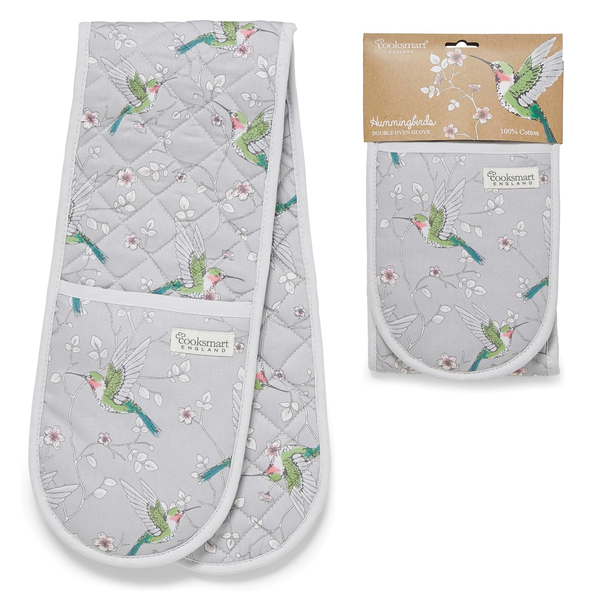 Cooksmart Double Oven Gloves – Hummingbirds Design British Designed Heat Resistant Oven Mitts Stylish Cotton Kitchen Gloves for Home Cooking Safe and Comfortable Oven Gloves with Maximum Protection