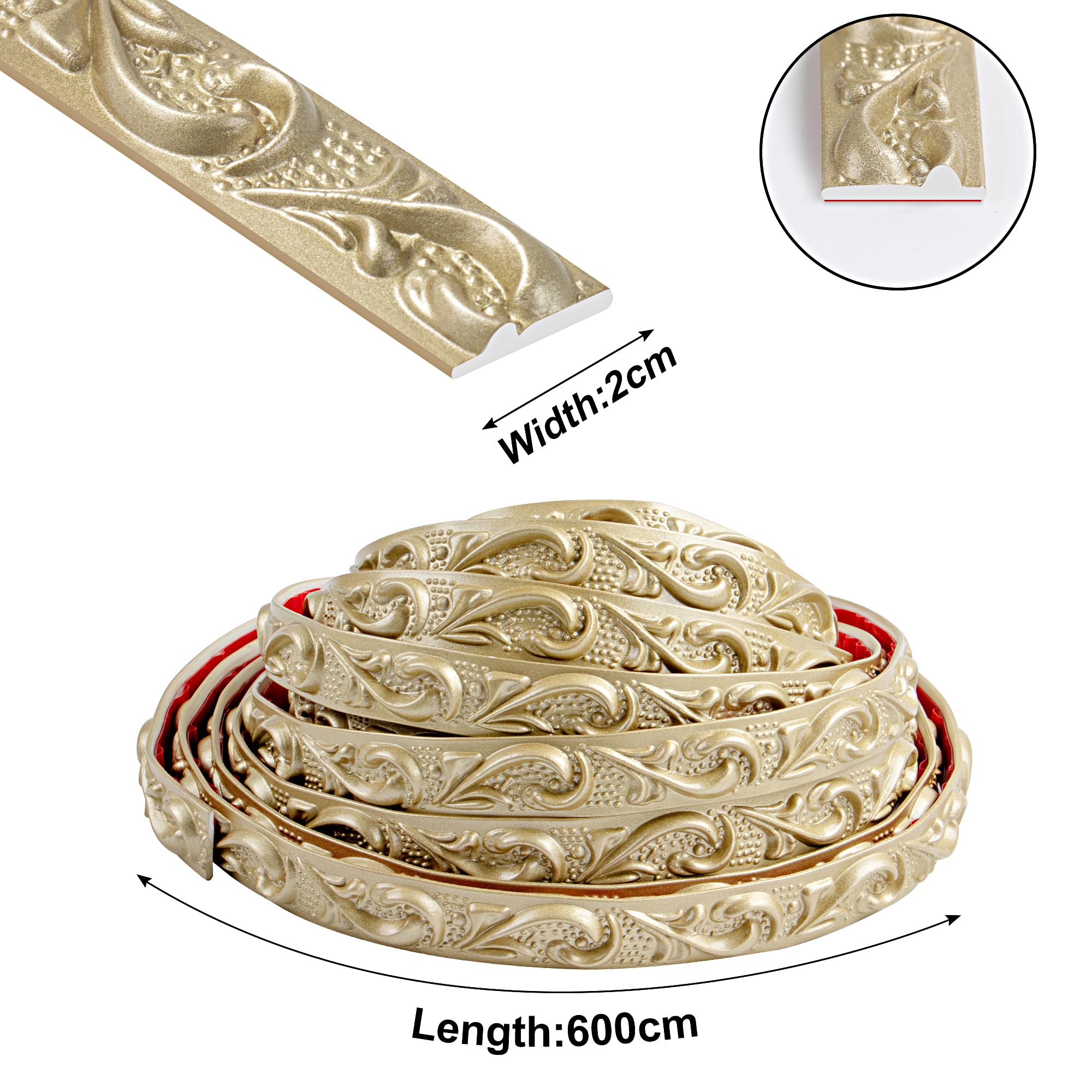 JUNART Líneas Decorativas de PVC, 600cm×2cm, Cenefas de Papel Tapiz 3D, Friso Pared, Adecuado para Paredes de Fondo de TV, Zócalos, Gabinetes, Paredes(Champán Oro)