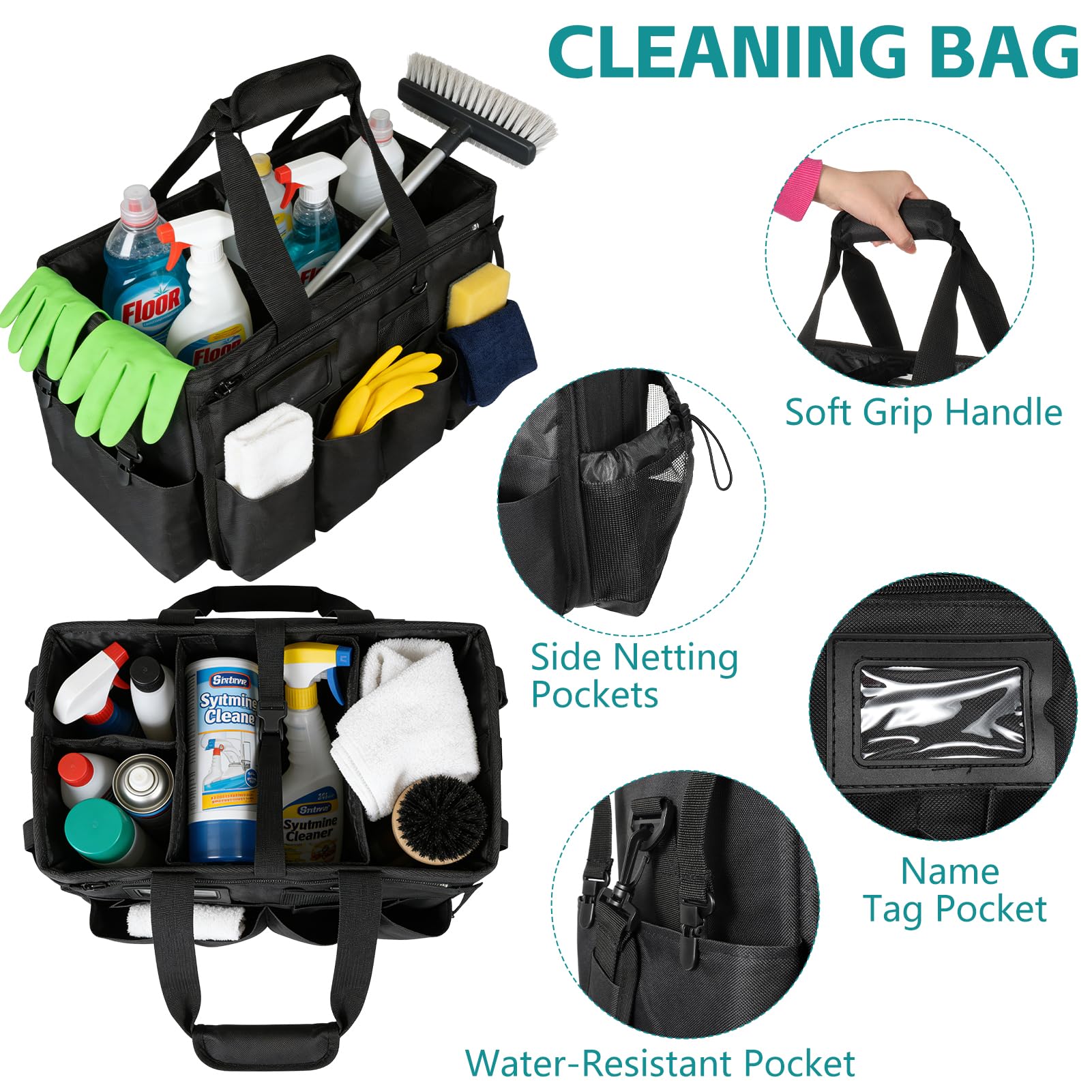 Tragbare Reinigungstasche,Große Putztasche,Reinigungsmittel Organizer mit Griff,Putzmittel Aufbewahrung Organizer Tasche für Reinigungskräfte,Schwarz Tragbar Abnehmbar 45x27x25cm