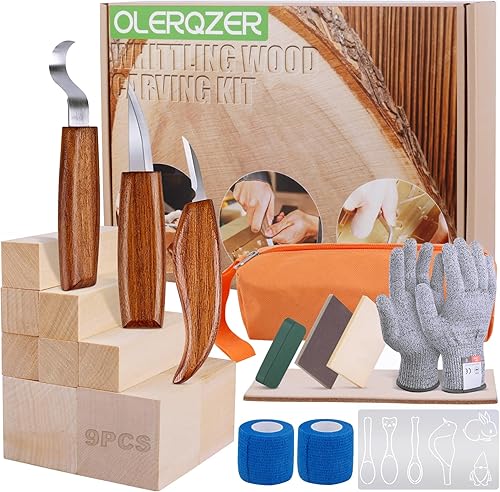 Olerqzer Whittling Wood Carving Kit,22PCS Wood Carving Tools Hand Carving Knife Set for Beginners Adults and Teens,3PCS Whittling Knife 9PCS Blocks