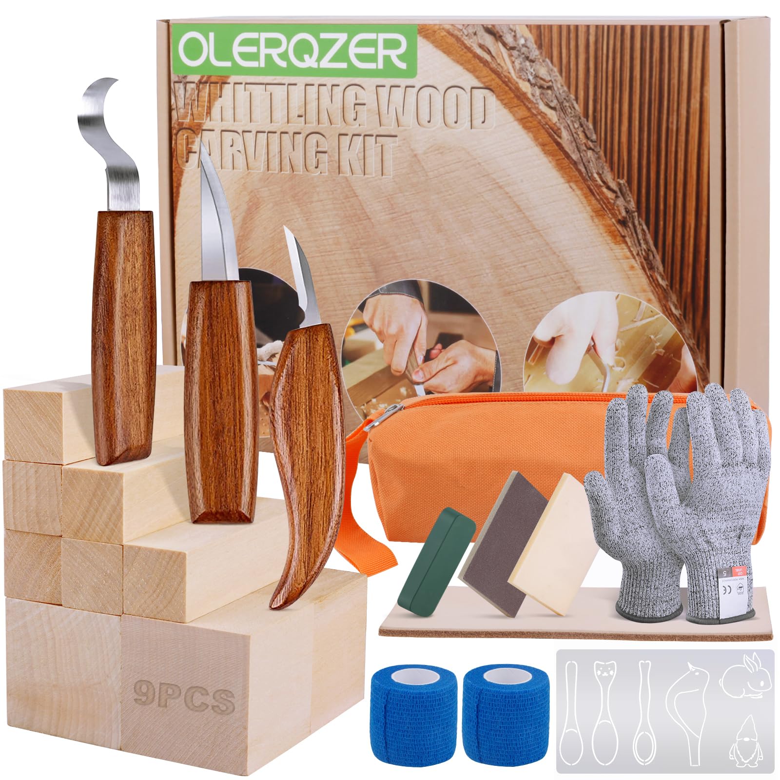 Olerqzer Whittling Wood Carving Kit,22PCS Wood Carving Tools Hand Carving Knife Set for Beginners Adults and Teens,3PCS Whittling Knife 9PCS Blocks & Gloves for Widdling Kit(Upgraded)