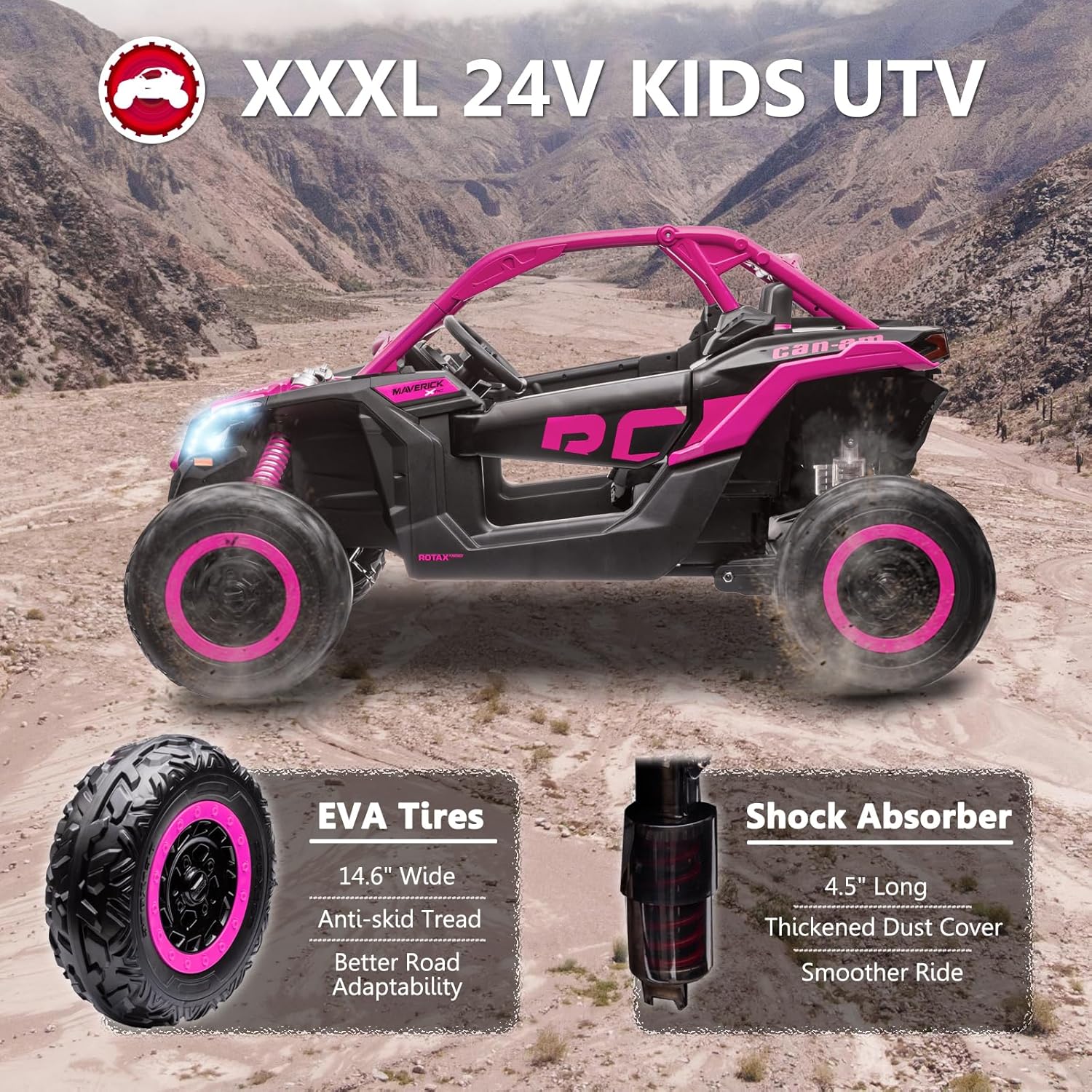 XXXL 24V 2 Seater Kids UTV with Remote Control Licensed Can-Am Maverick UTV 4WD Ride On Toy for Big Kids Ride On Truck with EVA Wheels, LED Headlight, Music Player, Shock Absorber, Rose Pink