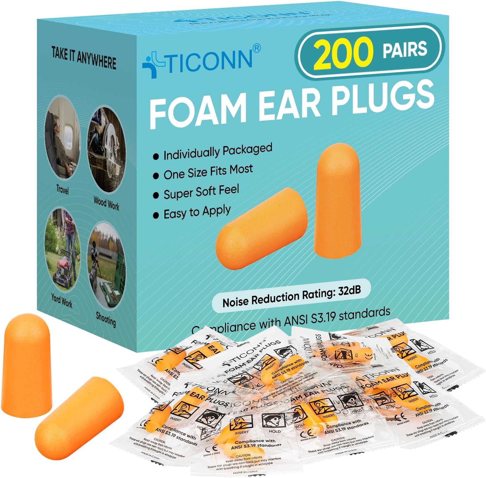 - TICONN 200 Pairs Foam Ear Plugs, Individually Wrapped 32dB NRR Noise Reduction Earplugs for Sleeping Hearing Protection Travel Study Concentration Construction Site (200 Pairs)