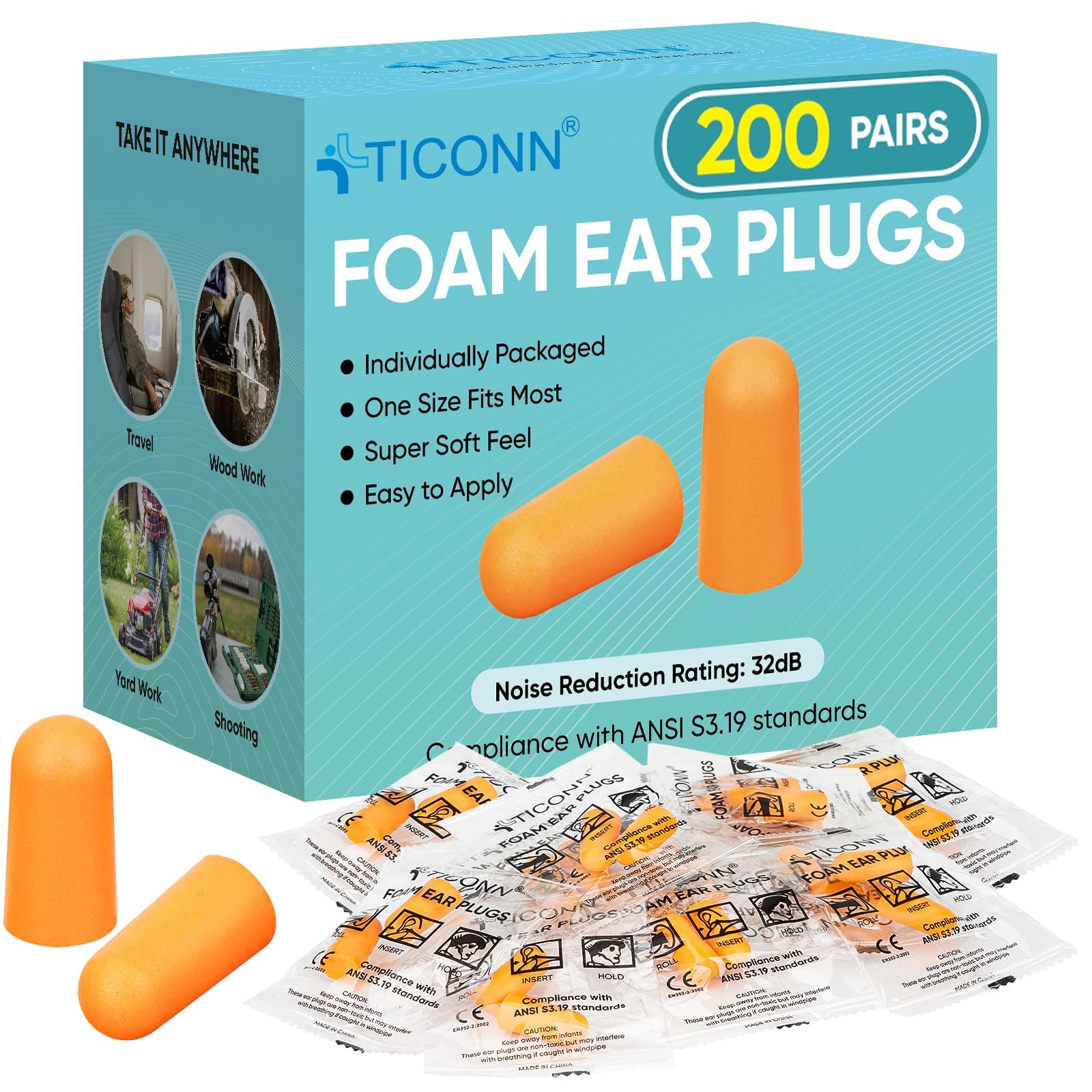TICONN 200 Pairs Foam Ear Plugs, Individually Wrapped 32dB NRR Noise Reduction Earplugs for Sleeping Hearing Protection Travel Study Concentration