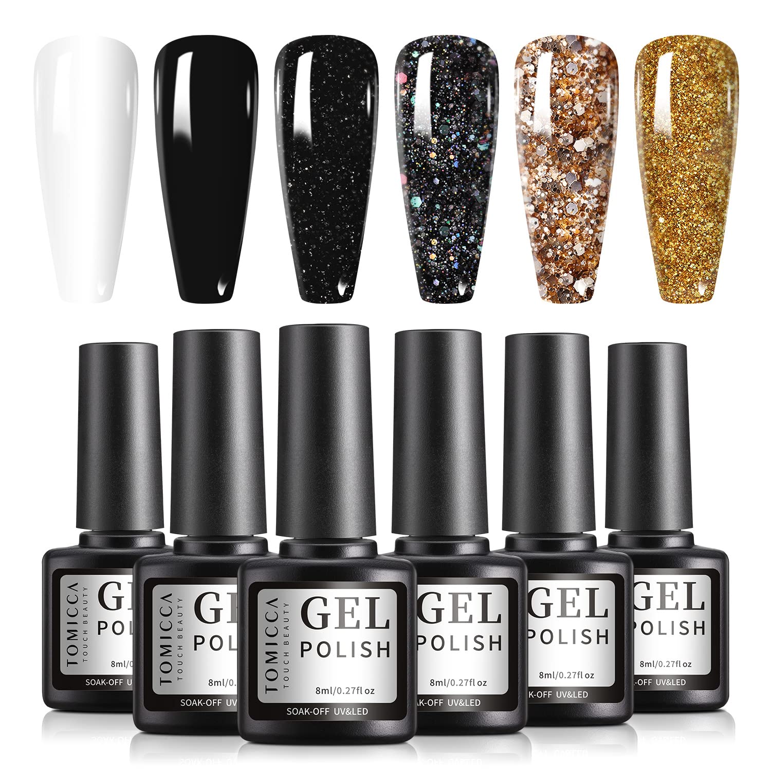 TOMICCA UV Glitter Gel Nail Polish Set, Classic Mix Black White Gold Sliver Glitter 6 Colors Gel Polish, Soak Off Nail Kit for Home Salon, 8ml Each Bottle, Gift Set for Girl