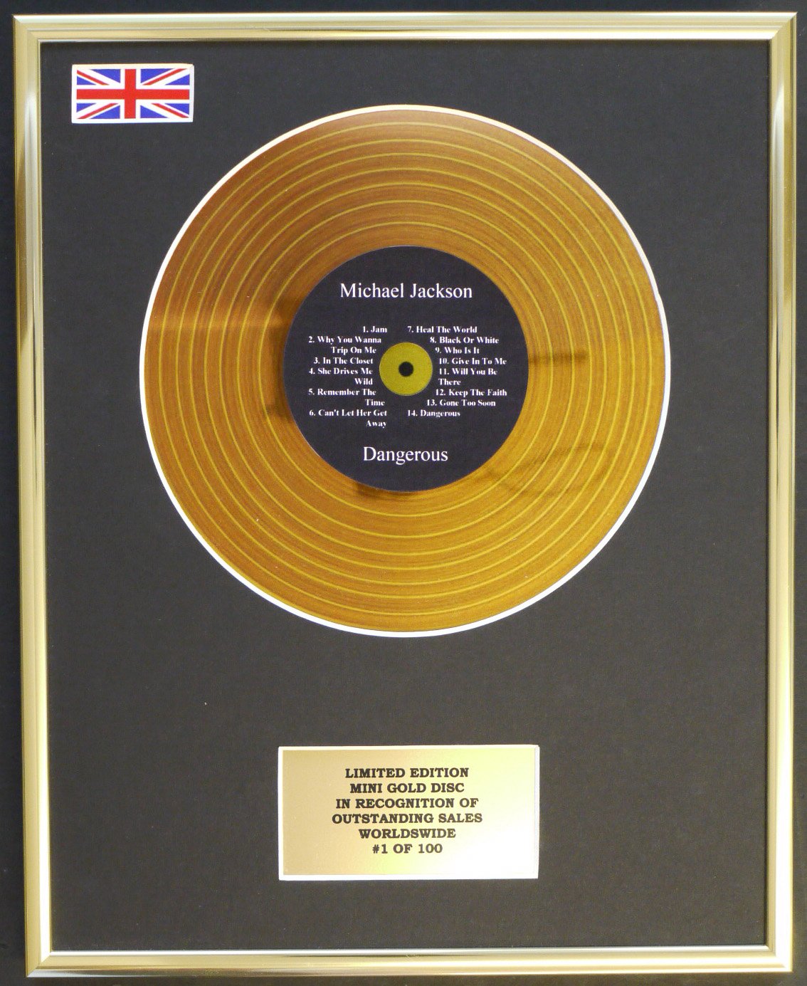 Limited Edition mini gold disc Display MICHAEL JACKSON/MINI GOLD DISC DISPLAY/LIMITED EDITION/COA/DANGEROUS