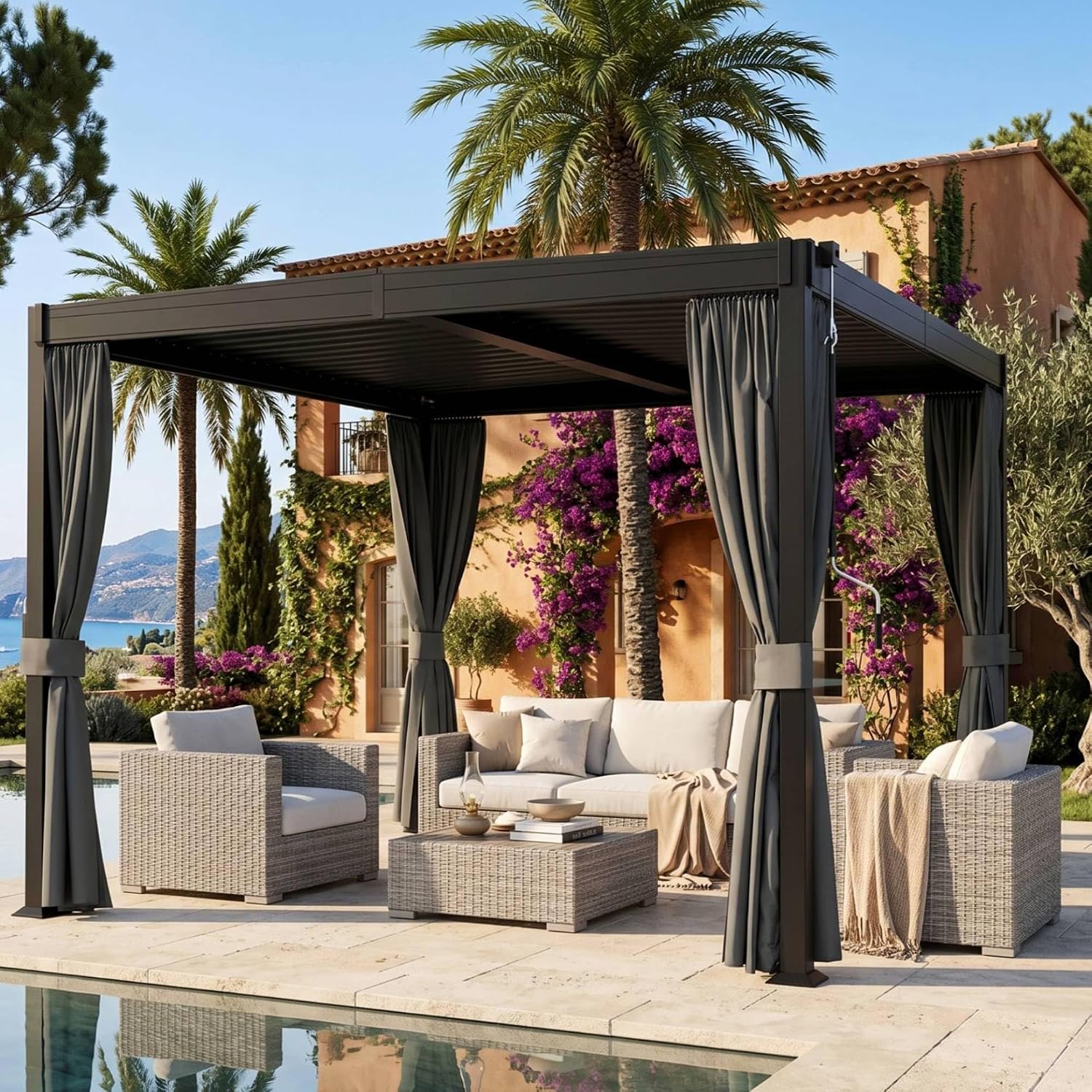 10'x10' Louvered Pergola, Outdoor Metal Pergola with Adjustable Louvered Roof, Hardtop Patio Gazebo with Curtains & Mesh Screens for Patio, Deck, Backyard, Garden, Yard