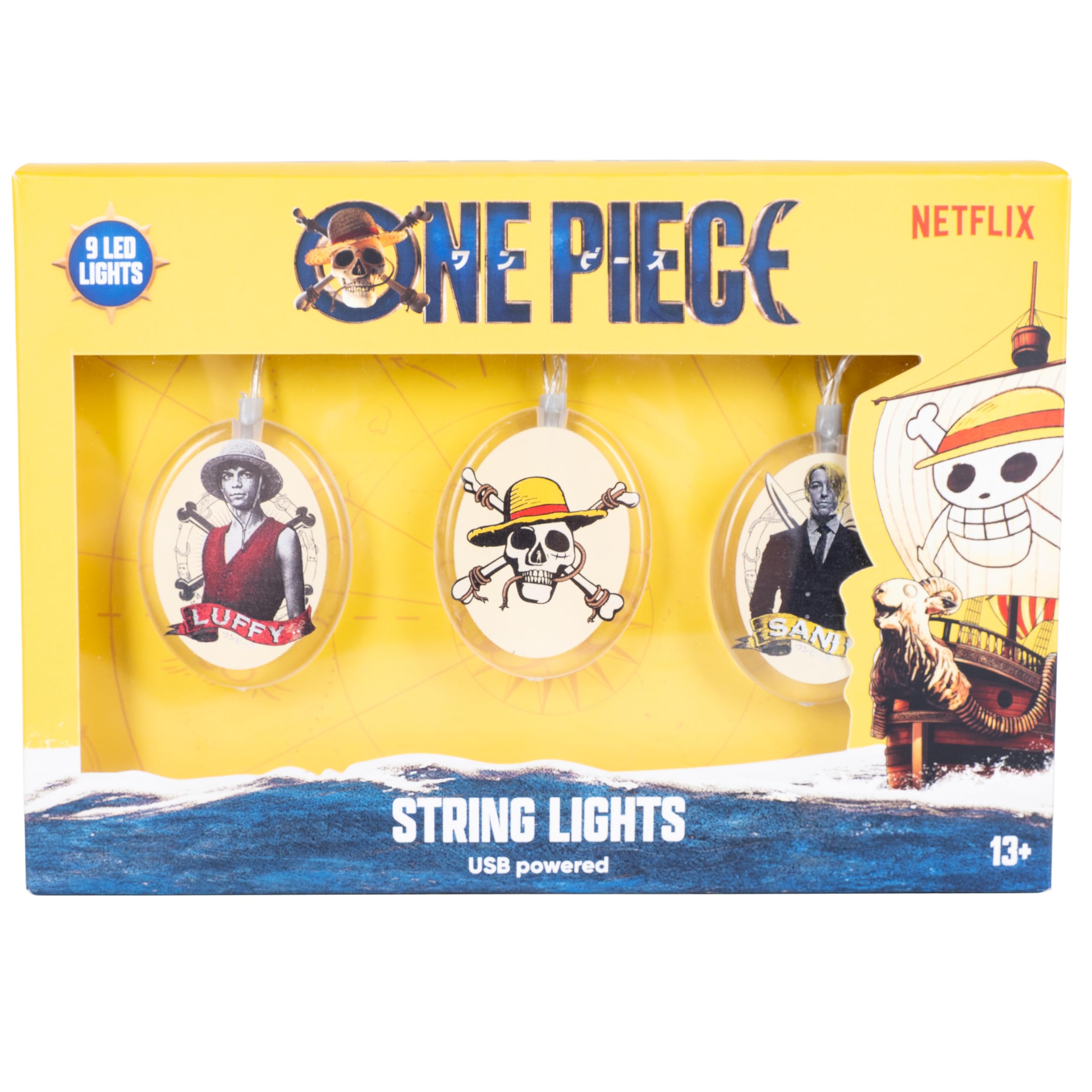 Fizz Creations One Piece String Lights. USB Powered. 6 Unique One Piece Designs – Including Luffy, Sanji, and The Straw Hat Pirate Flag. 2-metre Cable, Warm White LEDs. Officially Licenced.