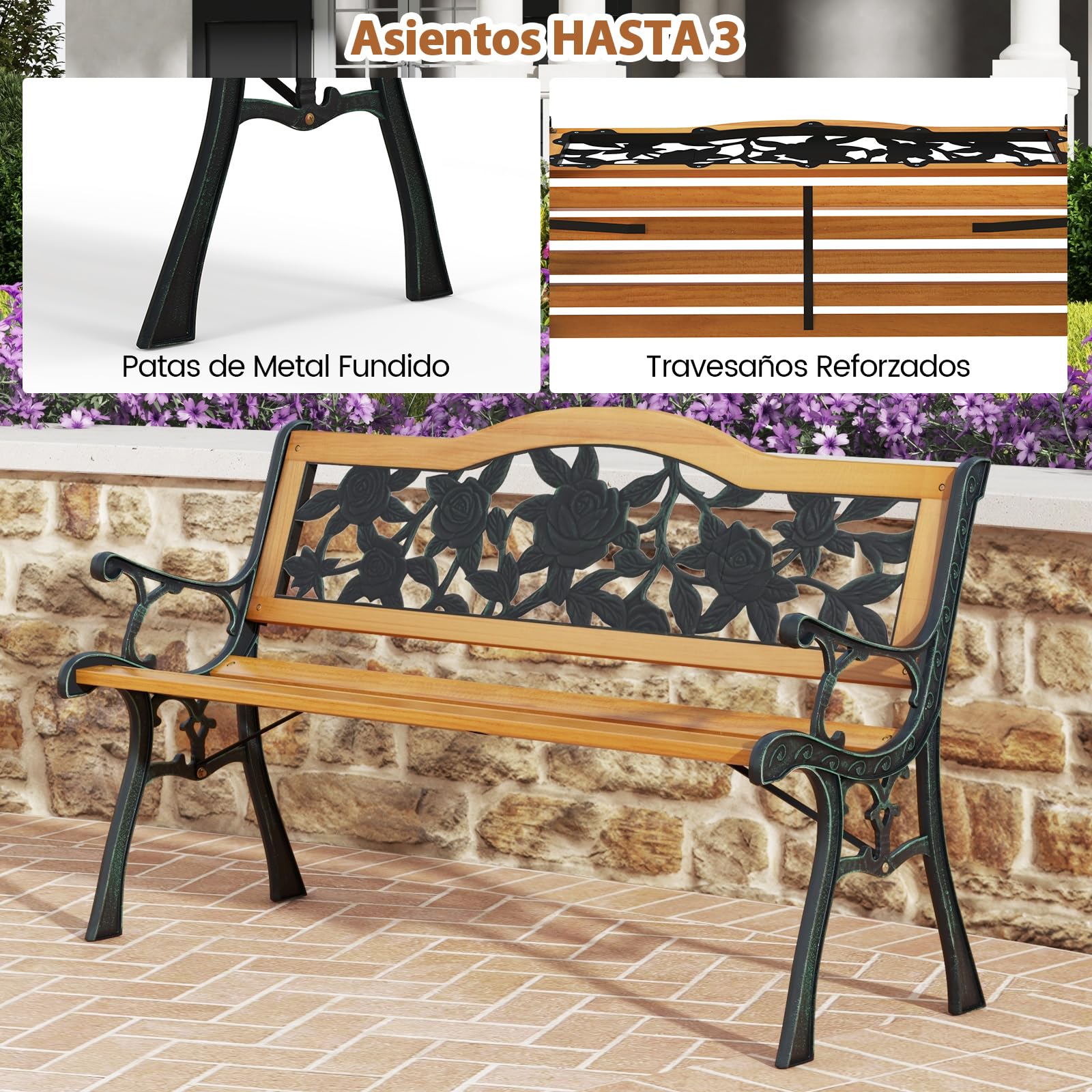 COSTWAY Banco Jardin Exterior de 3 Plazas, Bancos para Exterior con Estructura de Metal Fundido, Asiento de Madera, Reposabrazos Curvos, Banco Madera, 127,5 x 52,5 x 73,5 cm