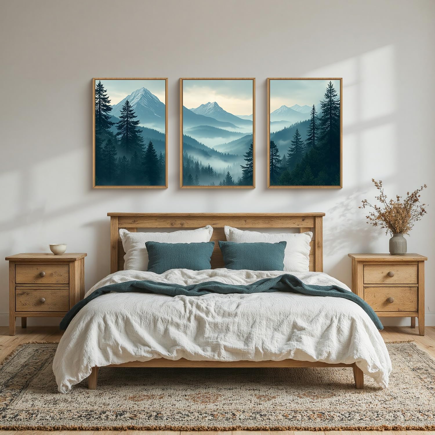 lianyibo Duży obraz na płótnie "Mglisty las górski", naturalna dekoracja ścienna z sosnami, obraz "Mglisty, śnieżny las" do salonu (20 x 30 cm x 3/rama wewnętrzna)