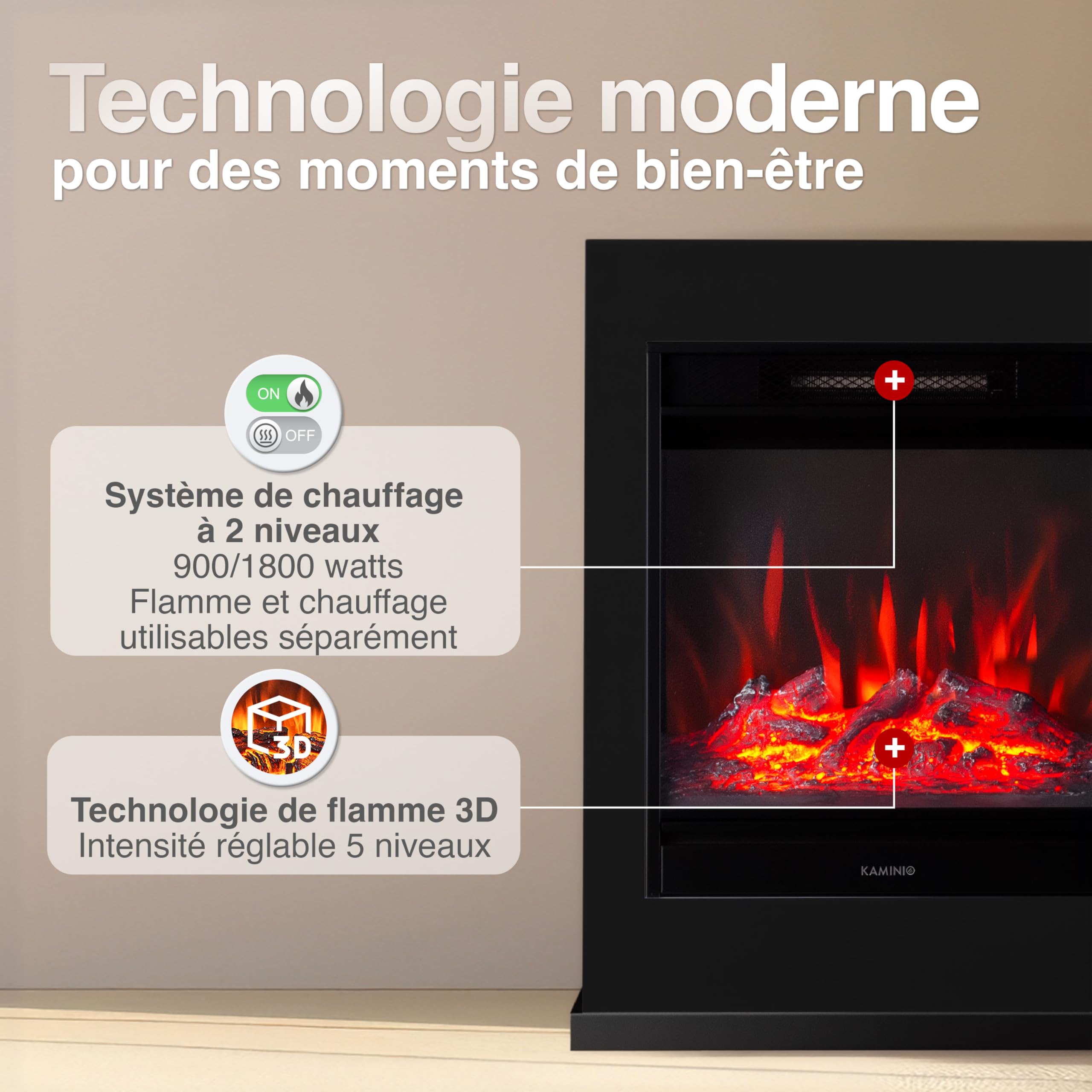 KAMINIO Cheminée électrique Kalle - Cheminée sur Pied avec Chauffage, Effet de Flamme 3D, télécommande (Noir)
