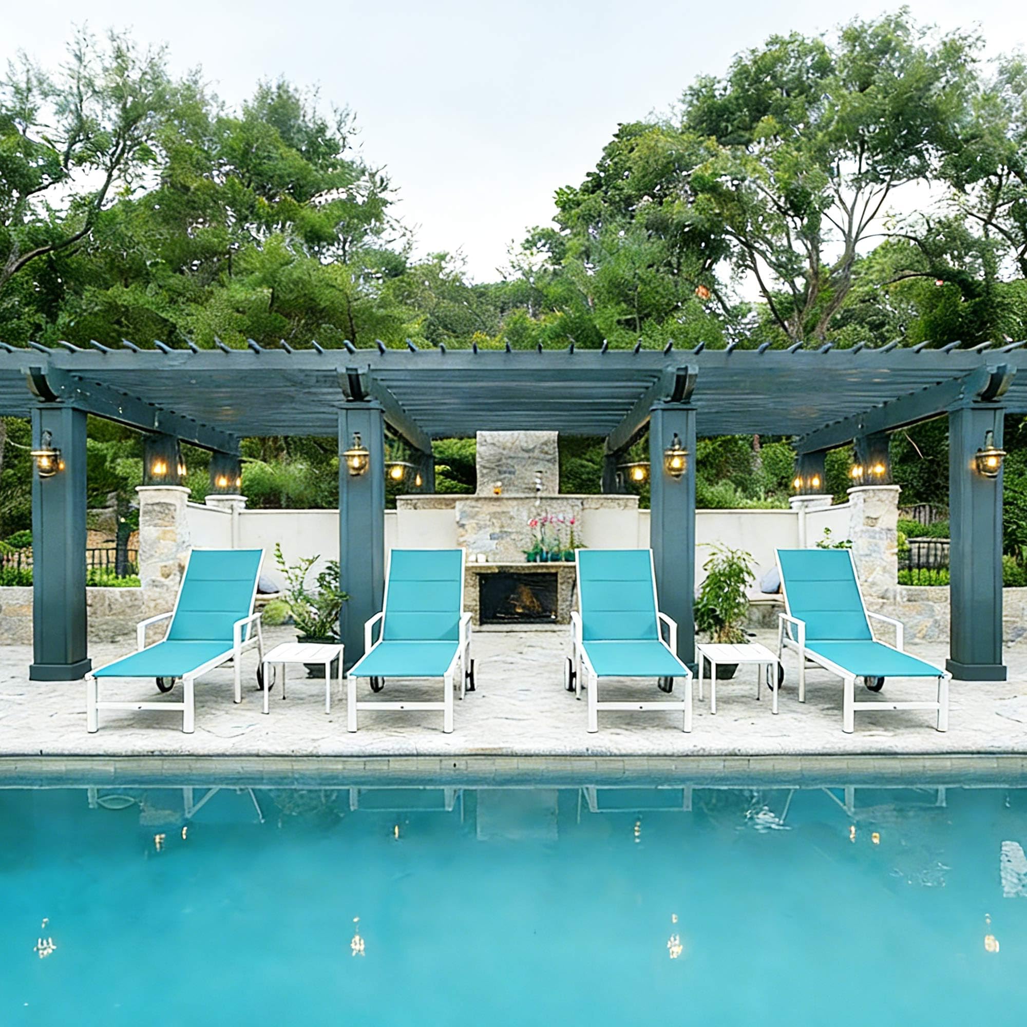 PURPLE LEAF Outdoor Chaise Lounge Set of 4 Arm, White Frame, Turquoise Blue