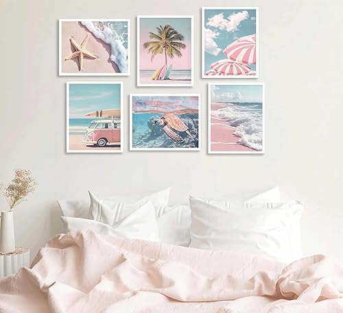 Miniatura 4 de 6 piezas de arte de pared de playa de verano fresco rosa tropical océano impresión de sillas de playa estrellas de mar tabla de surf palmera