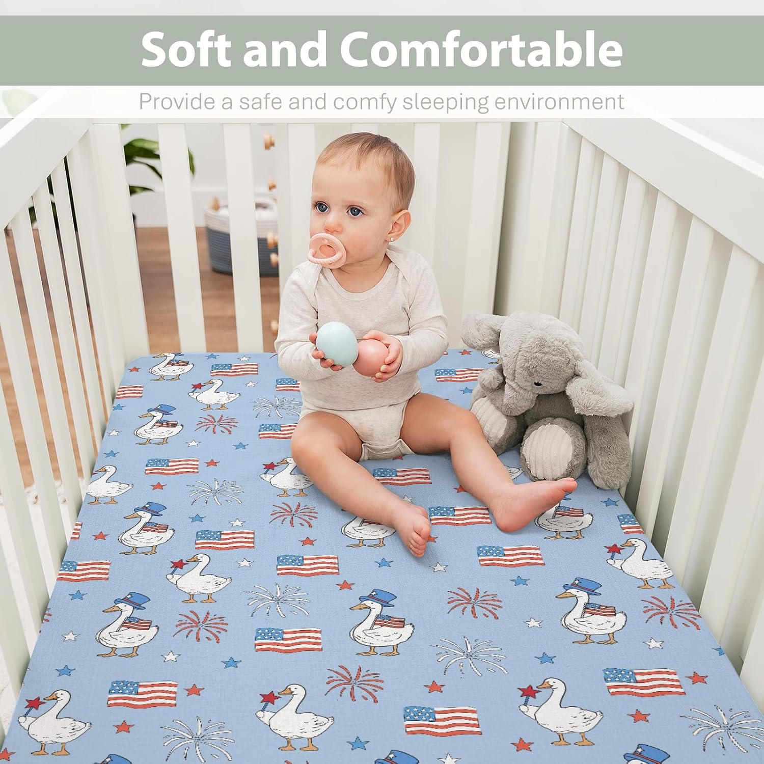 Patriotic Ducks Stars Baby Crib Sheets for Boy Girl 52x28Inch 4th of July Duck American Flags Soft Snug Fitted Crib Mattress Cover Independence Day Baby Sheet for Standard Crib & Toddler Mattress Pad