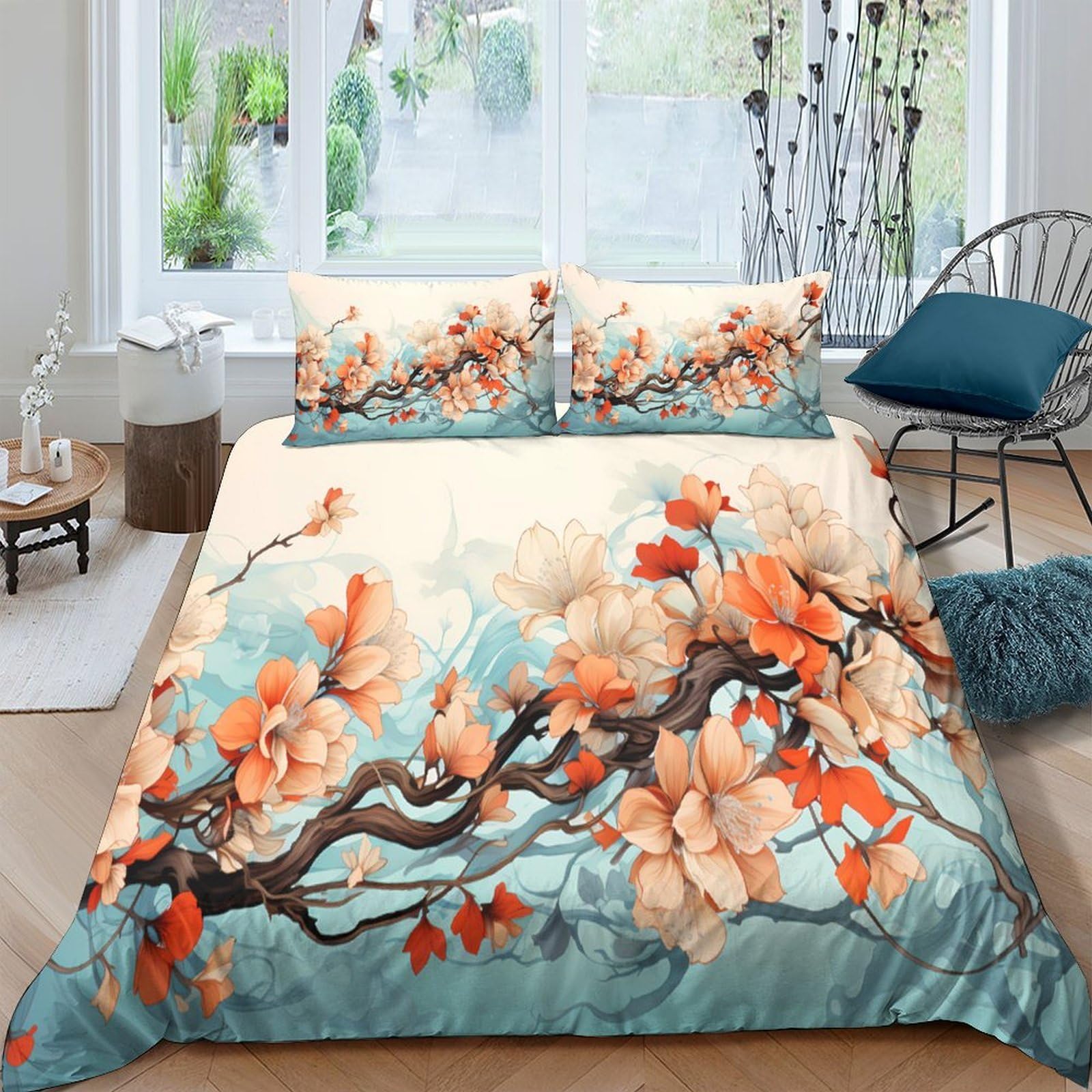 Ctjqhvkz Style-3 3D Printed Blossom Branch Fitted Sheet Microfiber Blue Orange Floral Bed Cover Bedroom Guest Room Decor Single（135X200cm）