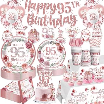 200pcs 95th Birthday Decorations, Fabulous 95th Birthday Plates and Napkins Set with Pre-threaded Banner Tablecloths and Cupcake Toppers Floral 95th Birthday Decorations Serve 25