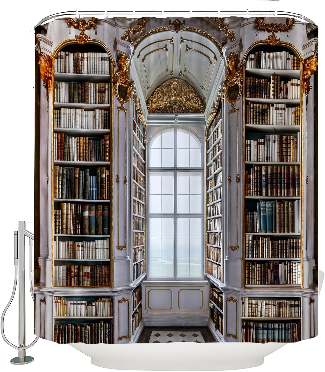 Library Shower Curtain Study Room European Western Bookcase Retro Book House Education Learning Reading Fashion Classic Fabric Bathroom Decor Curtain Set with Hook