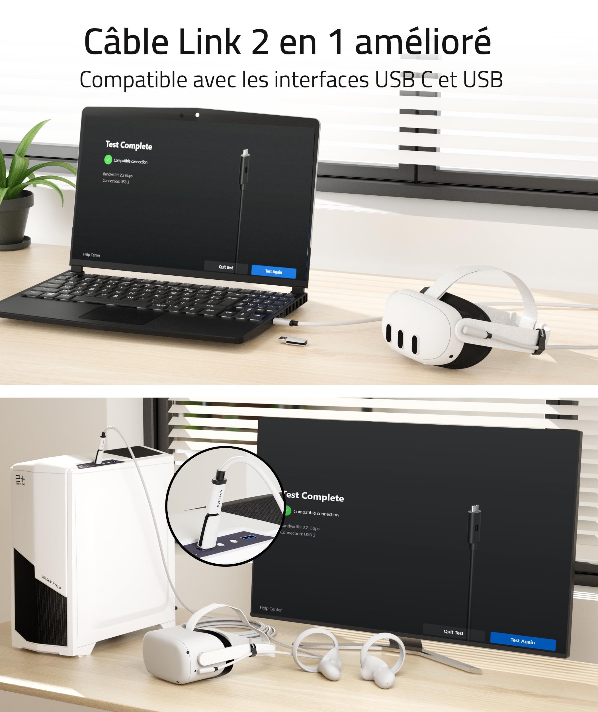 Syntech 5m/16FT Câble Link Compatible avec Oculus/Meta Quest 3/Quest 3S/Quest2/Pro/Pico 4/Ultra Accessoires, Câble de Type C Amélioré avec Adaptateur USB 3.0, Transfert de Données à Haute Vitesse