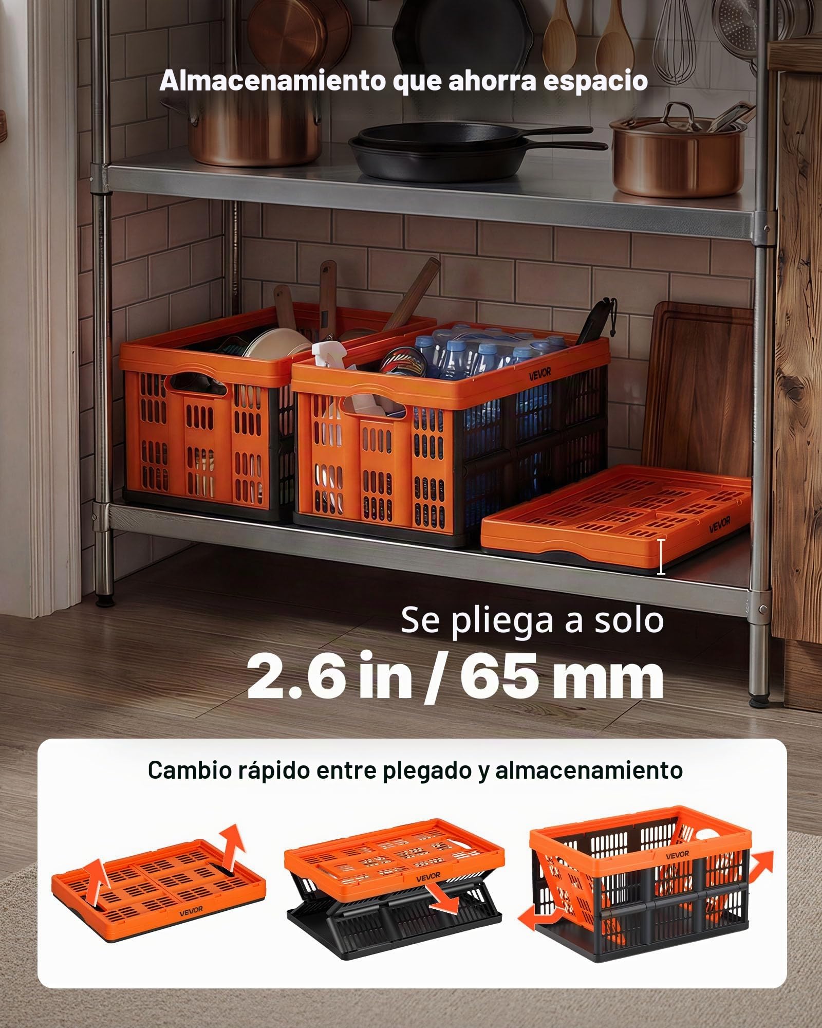 VEVOR Cajas de Almacenaje Plegables de Plástico 45 L, 6 Unidades, Contenedores de Almacenaje con Asas, sin Tapa, Ahorra Espacio, Soporta 15 kg para Hogar Coche Organización Camping, Naranja y Negro