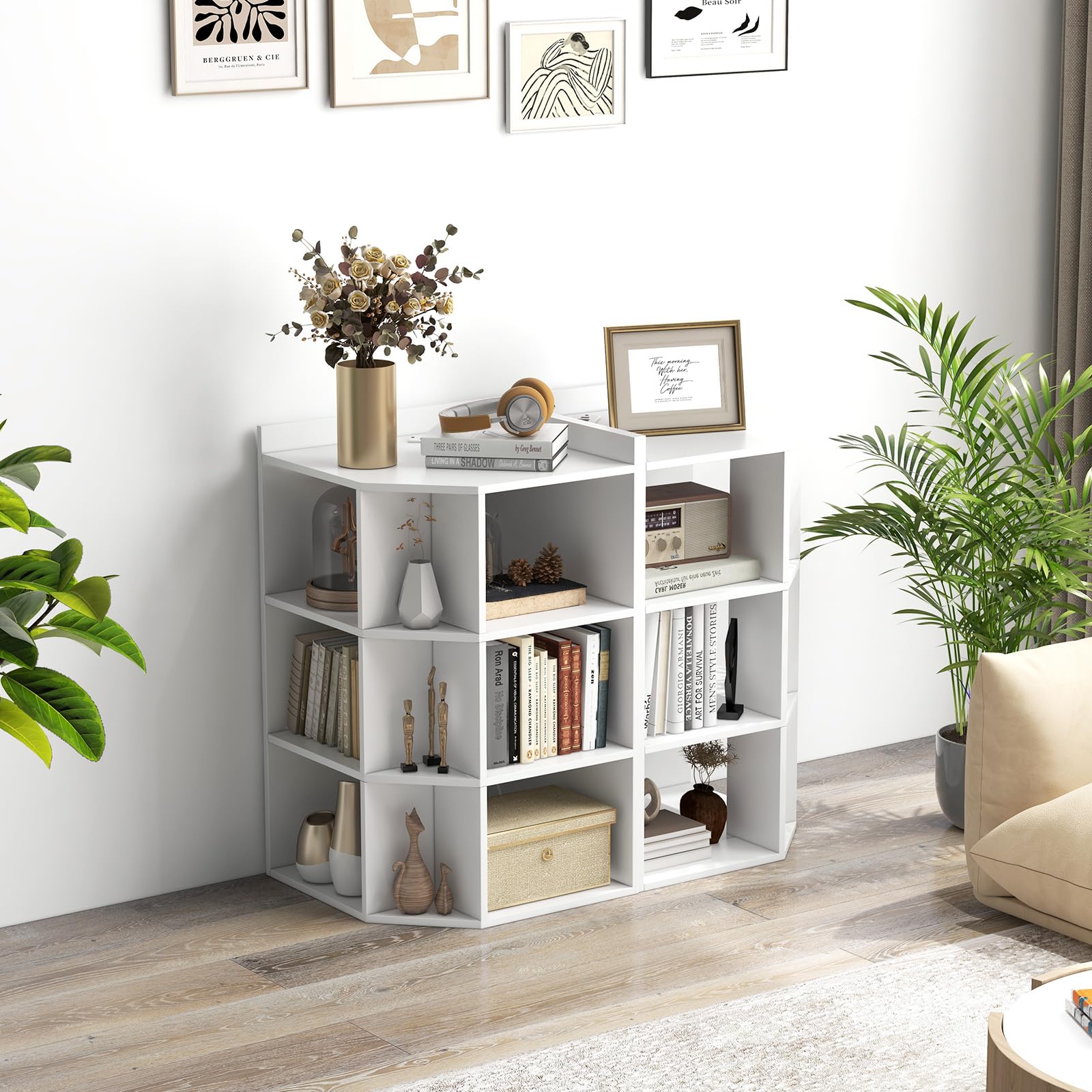 GIANTEX Librería Esquinero de 3 Niveles, Estantería de Almacenamiento con 9 Compartimentos Abiertos, 51 x 71,5 x 86 cm, con Puertos de Carga, Librería Triangular para Salón, Estudio (Blanco)