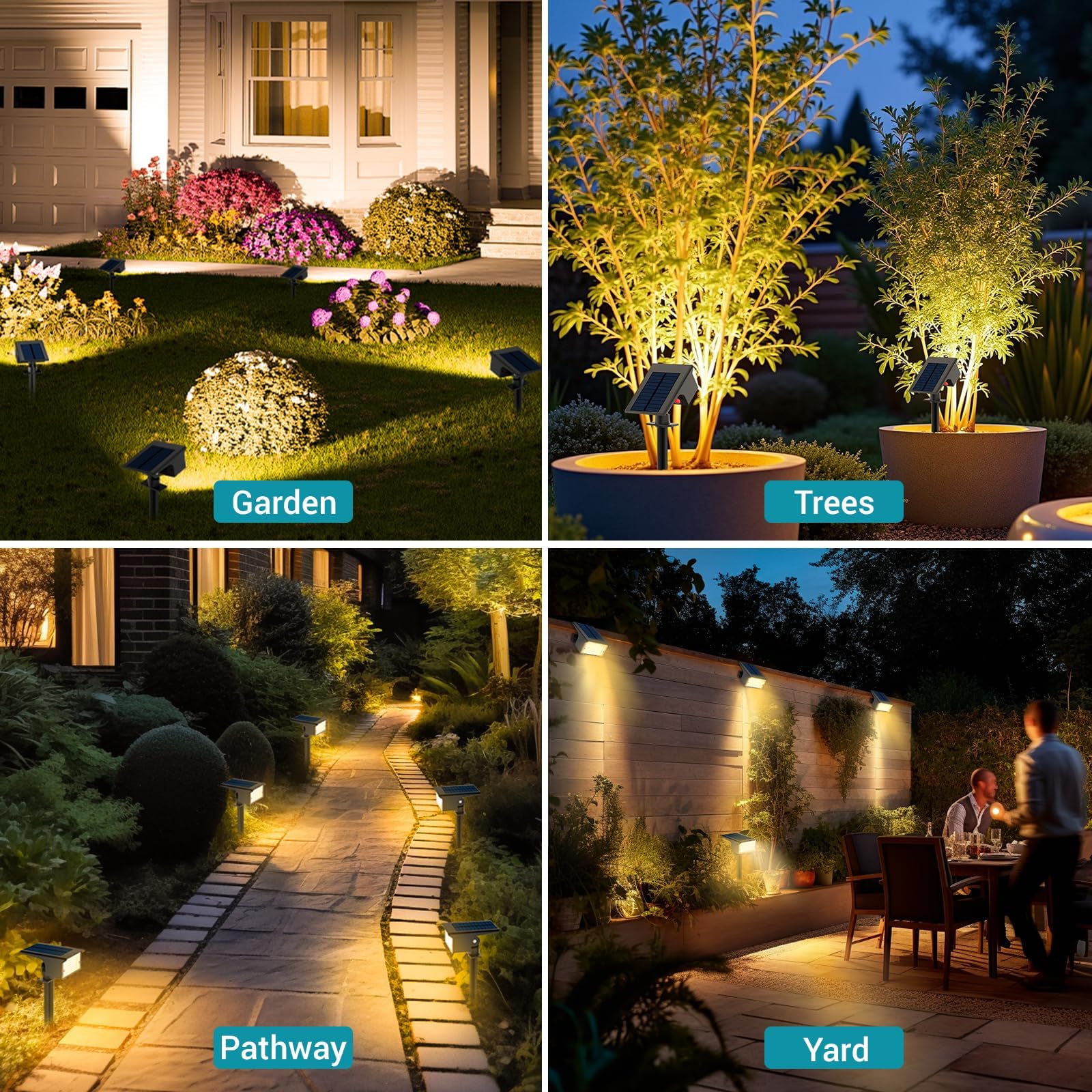 kolpop Lot de 2 projecteurs solaires à 77 LED pour jardin - Blanc chaud 3000 K - Étanche IP65-3 modes - 800 lm - Lampes solaires Dusk to Dawn - Pour cour, arbres, chemin, plantes d'extérieur