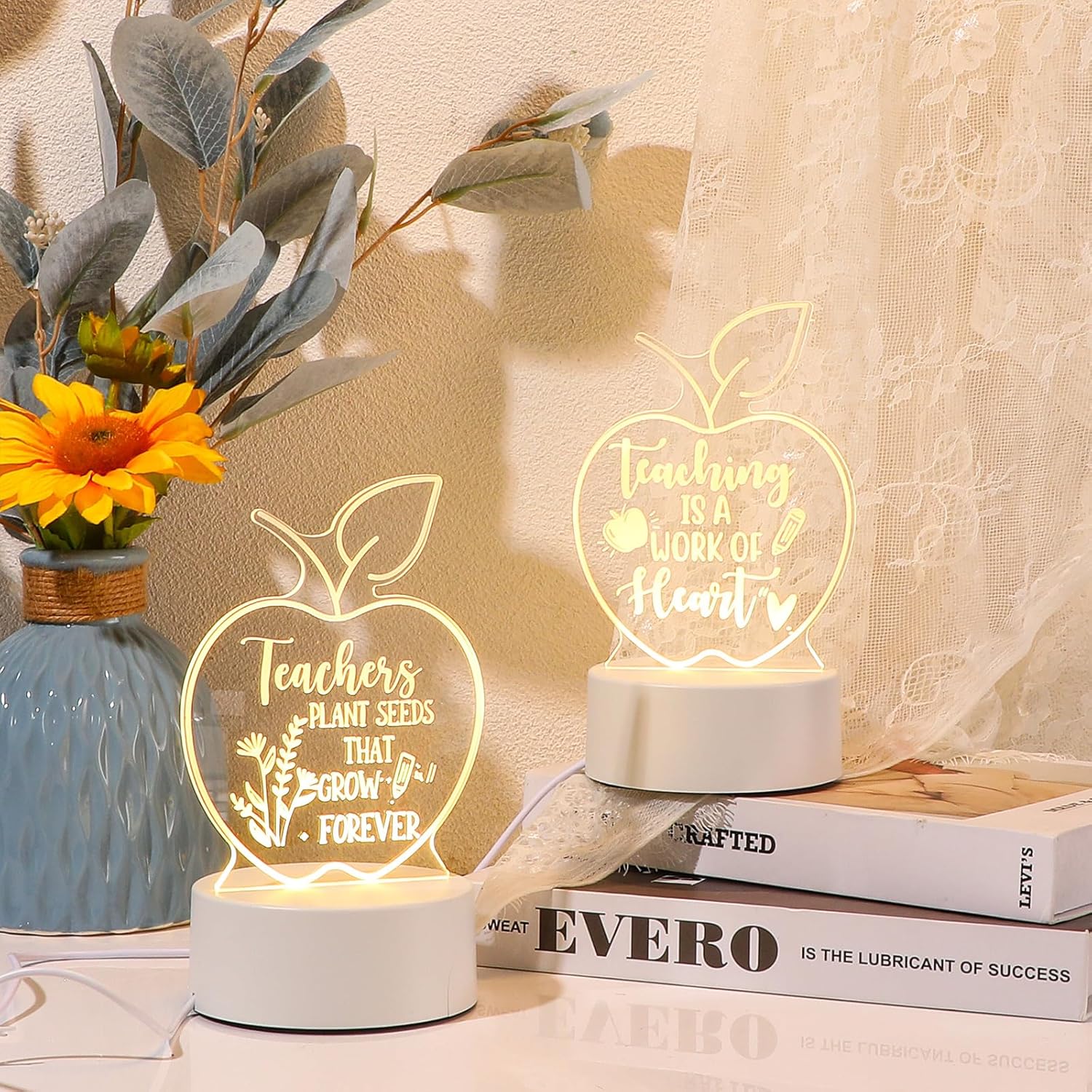 Thyle 30 Pcs Teachers Appreciation Gift Bulk Acrylic Night Light with Base Thank You Gifts LED Night Lamp with Engraved Sayings for Women Teachers Graduation Employee Coworkers