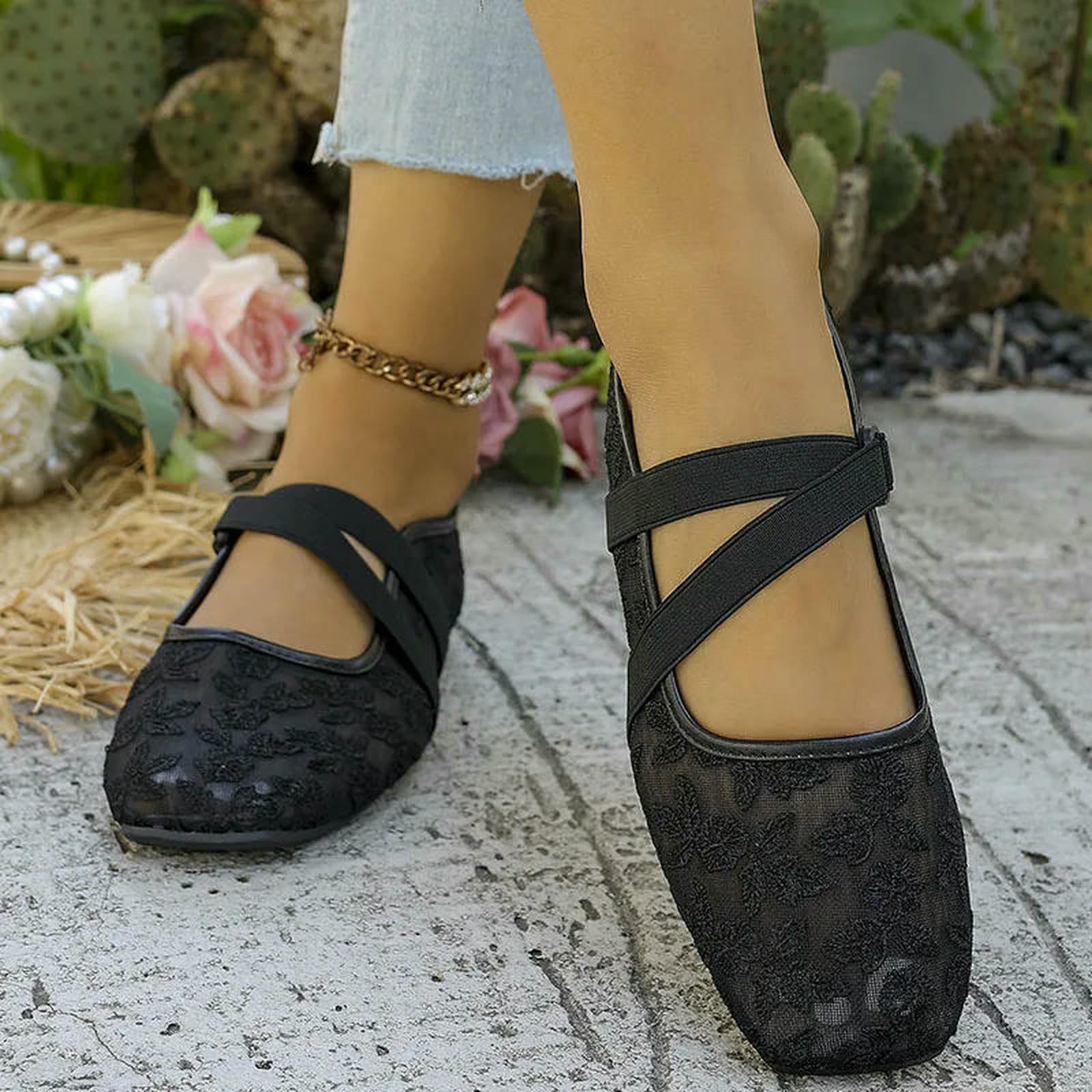 Ballerine Donna,Scarpe Mary Jane Ballerine Mary Jane da Donna in Pizzo E Rete, Traspiranti