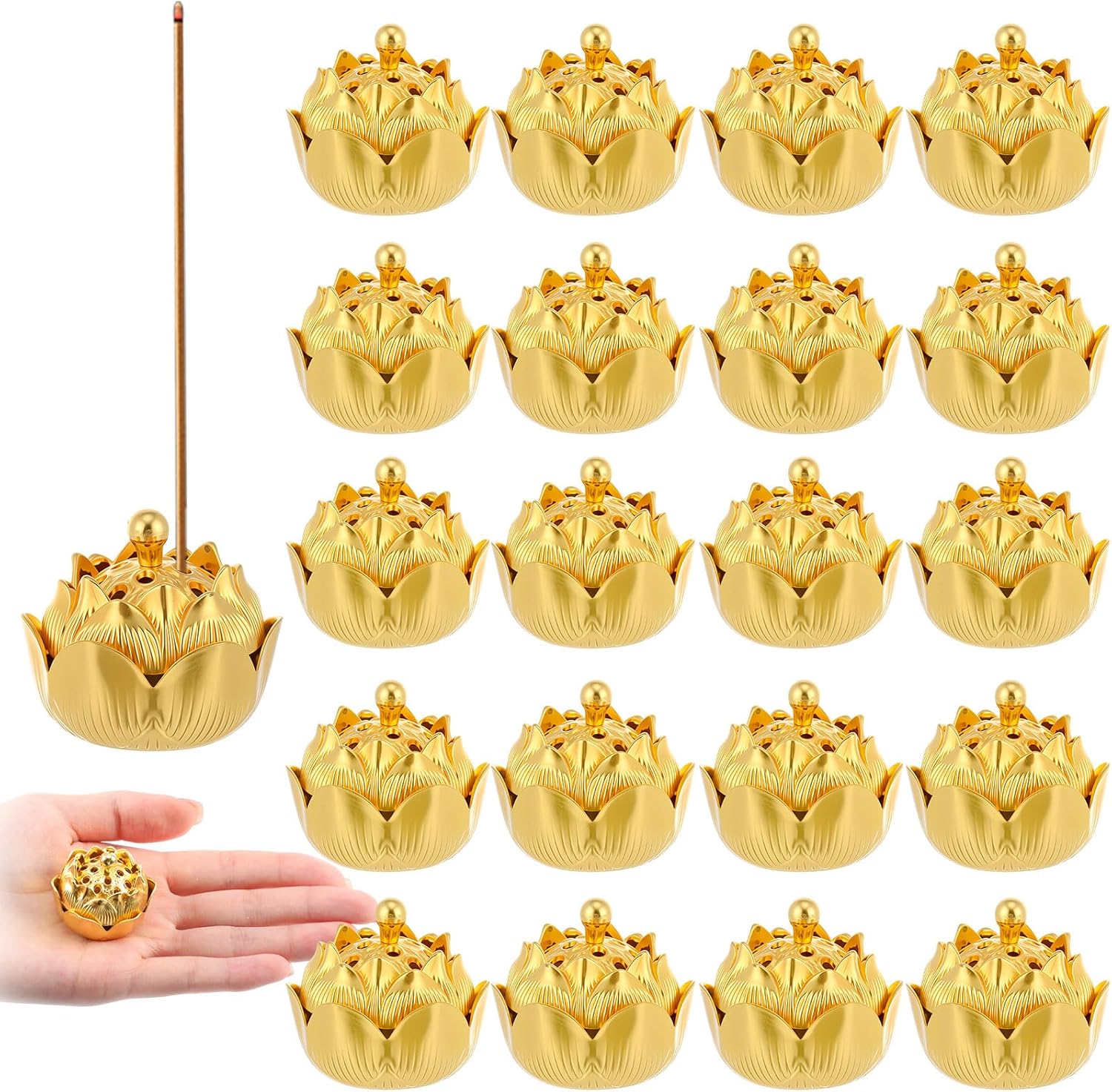 30 Pcs Return Gifts for Pooja Incense Holder Indian Return Gifts Lotus Flower Incense Burner Holder Sticks Cone Burner Ash Catcher with Lid for Pooja Indian Wedding Party Supplies(Golden)