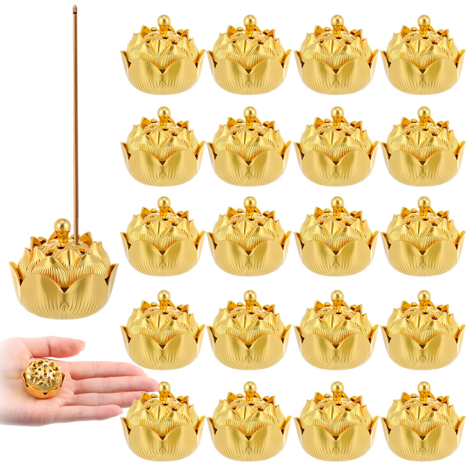 30 Pcs Return Gifts for Pooja Incense Holder Indian Return Gifts Lotus Flower Incense Burner Holder Sticks Cone Burner Ash Catcher with Lid for Pooja Indian Wedding Party Supplies(Golden)