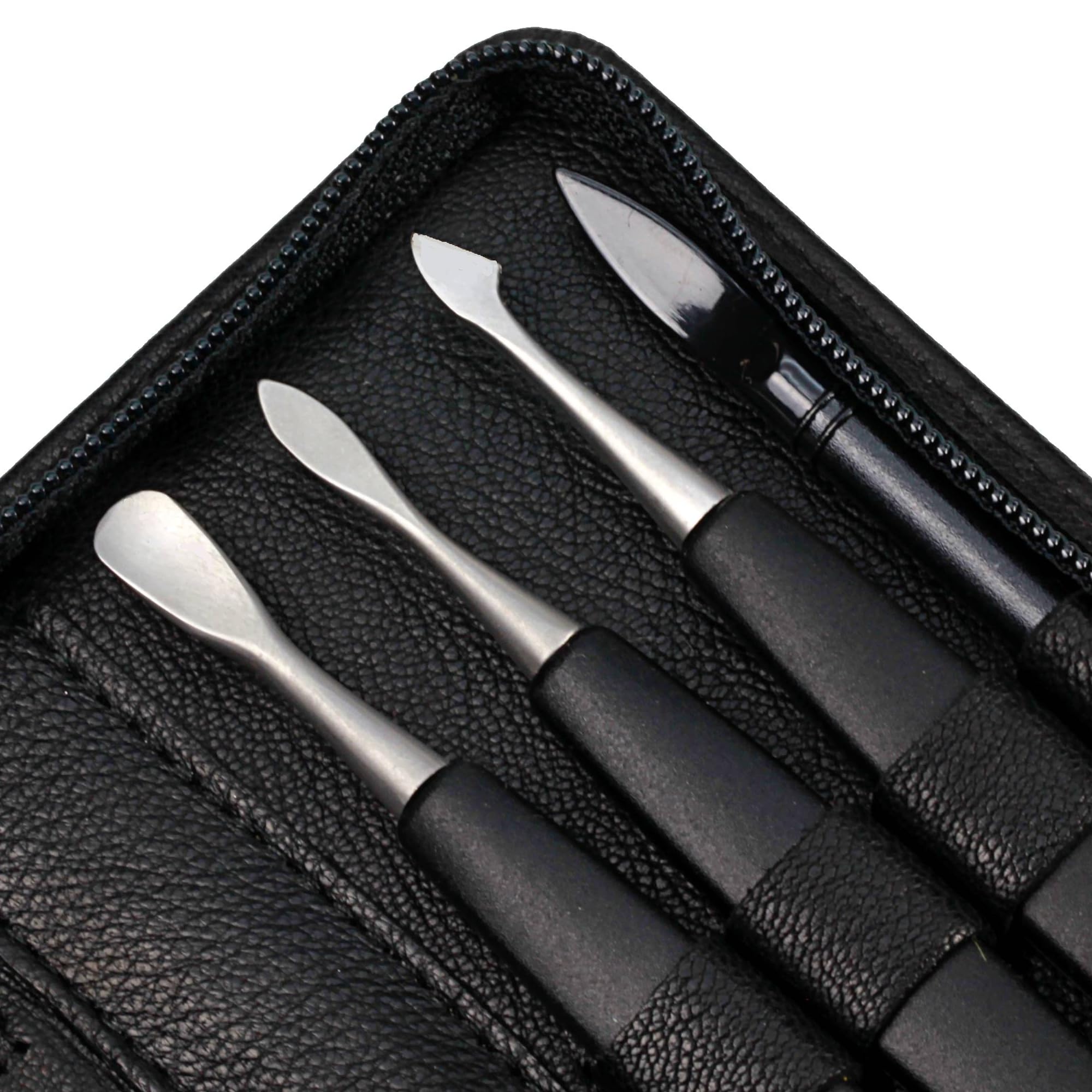 Sonnenschein by Hans Kniebes - Maniküre Set 9-teilig - Nagelschere, Hautzange, Knipser, Feile, Pinzette, Nagelhautdrücker, Nagelmesser/-reiniger, Hufstab - Maniküre-Etui aus Nappa-Schafleder schwarz