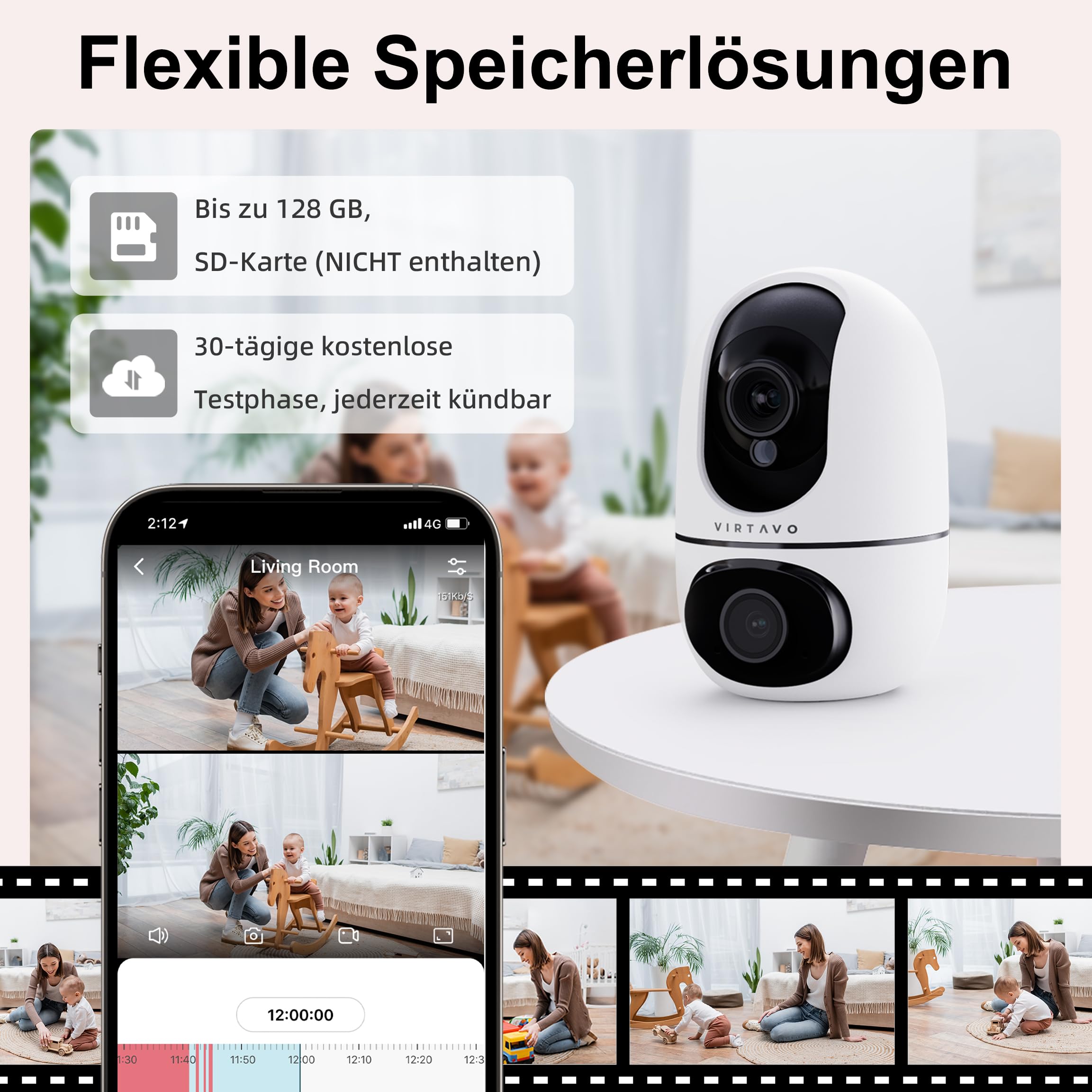 VIRTAVO Überwachungskamera Innen, Indoor Camera for Home Security,2MP, 24/7 WiFi, WLAN Dual Lens Kamera Überwachung Innen mit 360° PTZ, Auto Tracking Bewegungserkennung Farbnachtsicht, 2-Wege-Audio