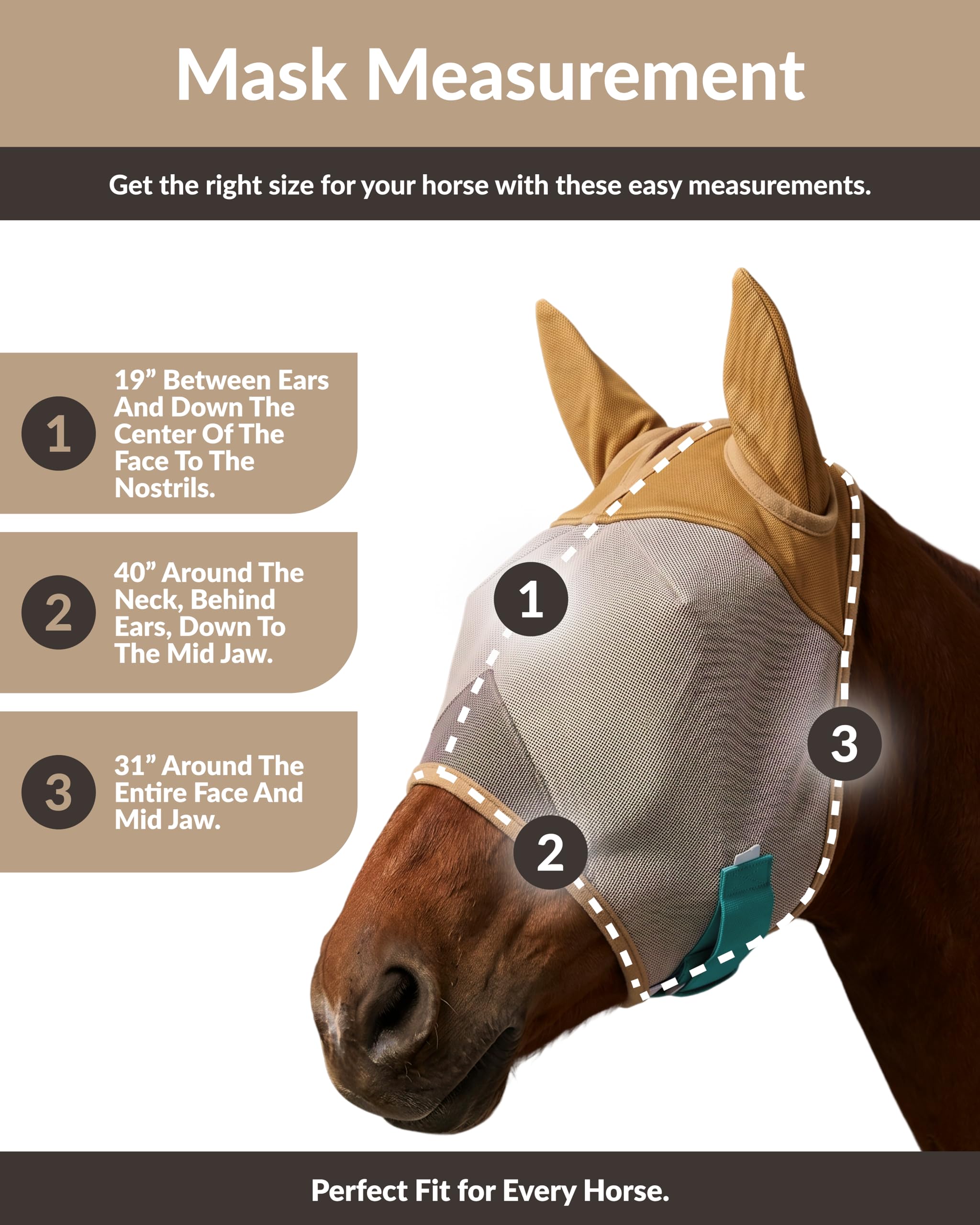 Máscara de mosca de caballo con orejas – Malla que no transfiere calor – 70% de protección UV – Máscara de mosca equina transpirable con cubierta para orejas – Tamaño de caballos – Máscara suave y