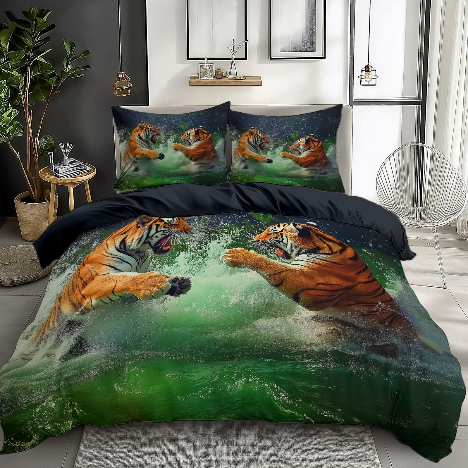 Générique Zielona poszwa na kołdrę 220x240 cm Zestaw pościeli z krajobrazem leśnym, tygrys zwierzę odwracalna wodospad poszwa na kołdrę - miękka i oddychająca antyalergiczna pościel z 2 poszewkami na