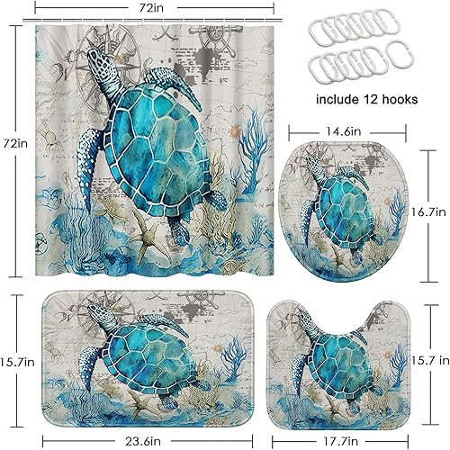 Miniatura 2 de Juego de baño azul marino con cortina de ducha y alfombras y accesorios, juego de cortinas de ducha de tortuga, cortinas de ducha azules y grises