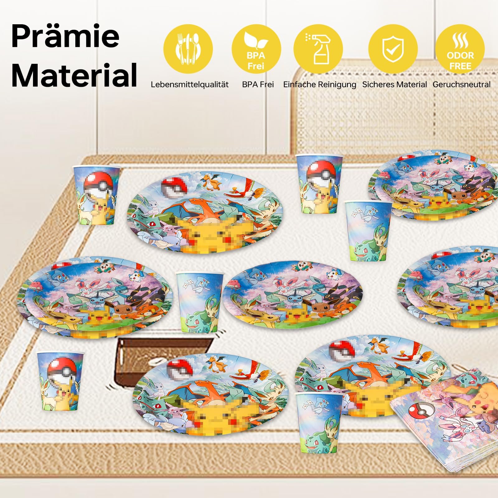 Pappgeschirr Set, 80 Stück Partygeschirr mit Pappteller Pappbecher Servietten für 20 Gäste, Bunte Papier Teller und Becher, Cartoon Anime Geschirrset für Kindergeburtstag Partydeko Tischdeko
