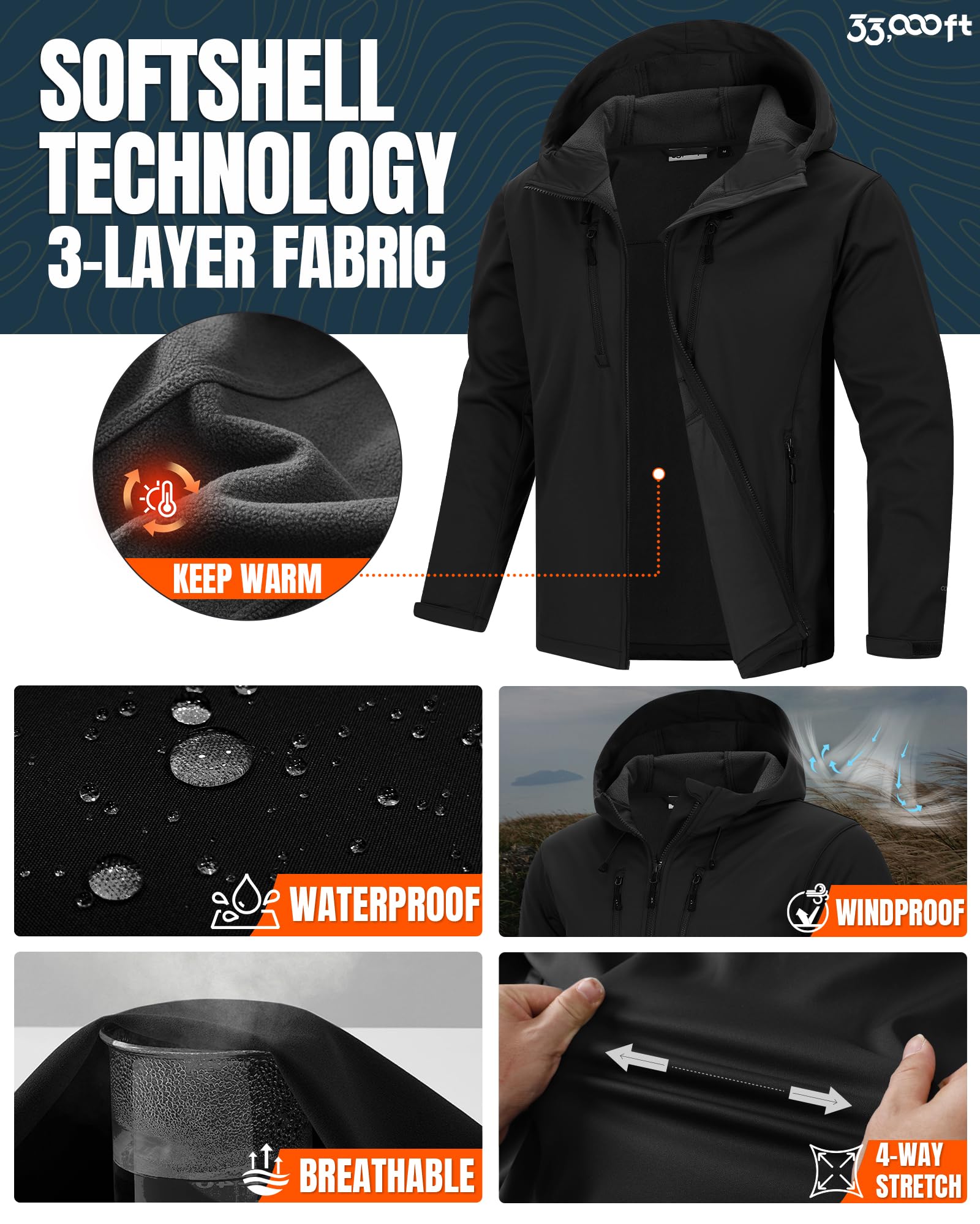 33,000ft Softshelljacke für Herren Wasserdicht Winddicht Laufjacke Leichte Wanderjacke mit Kapuze Outdoor Übergangsjacke Fahrradjacke