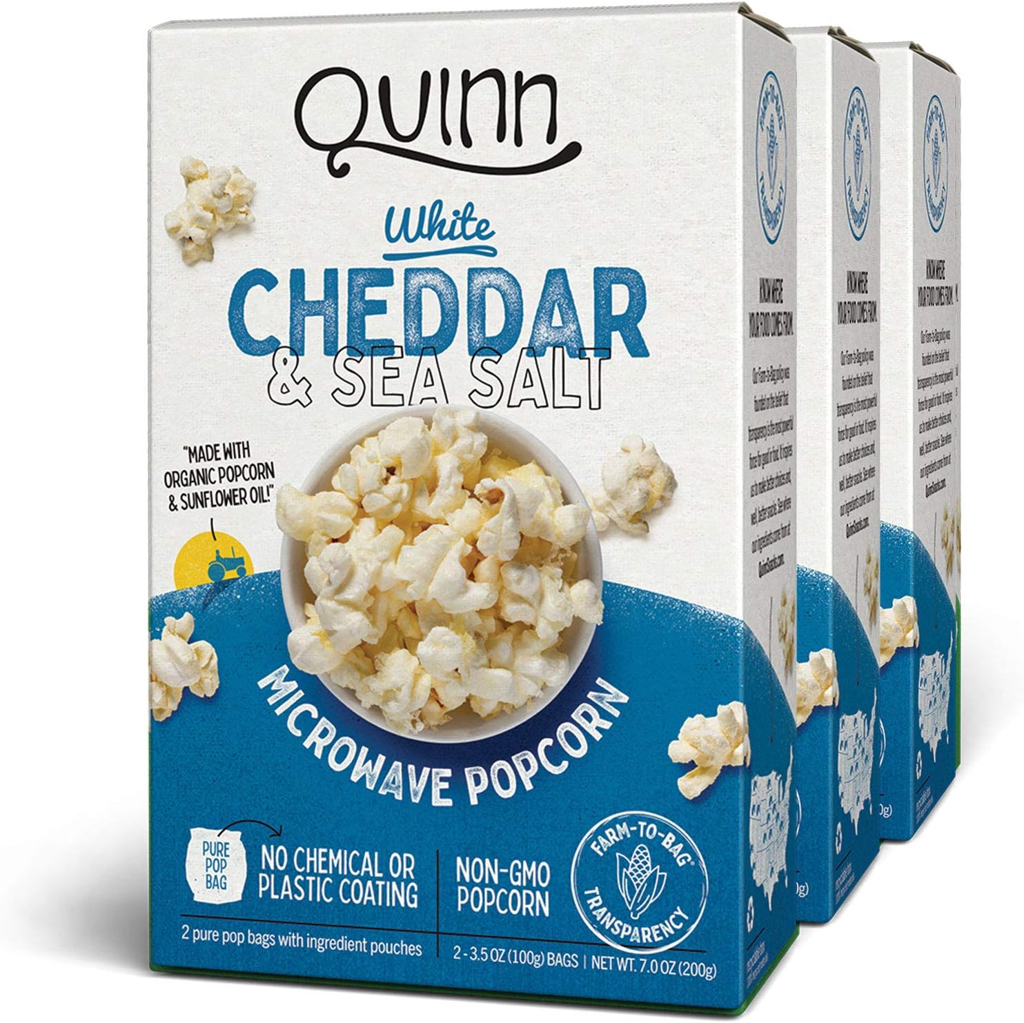 Quinn Snacks Microwave Popcorn, Organic, Non-GMO, White Cheddar, 21 Oz, Pack of 3