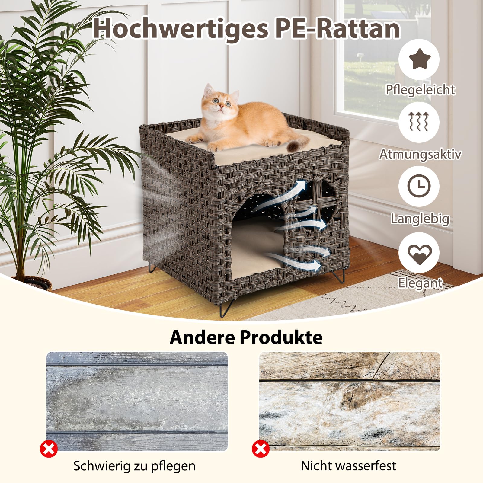 COSTWAY Katzenhaus aus PE-Rattan, Klappbar, 2 Etagen Katzenbett mit großer Sitzstange, abnehmbaren Kissen, Metallbeinen & Fenster, Indoor Katzenmöbel für Katzen, 50,5 x 45 x 50 cm