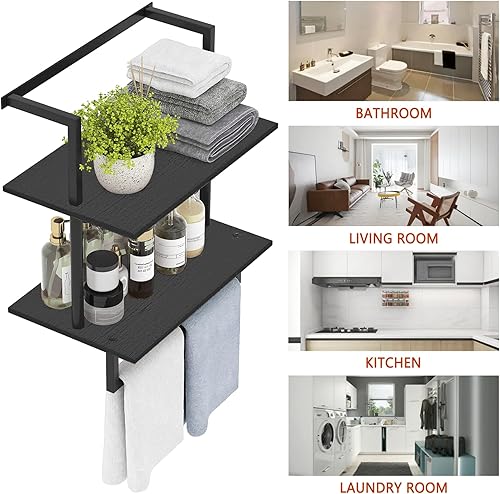 Miniatura 7 de Toallero montado en la pared para baño, soporte de almacenamiento de baño, estante de toalla de madera de acero de 3 niveles con barra, negro