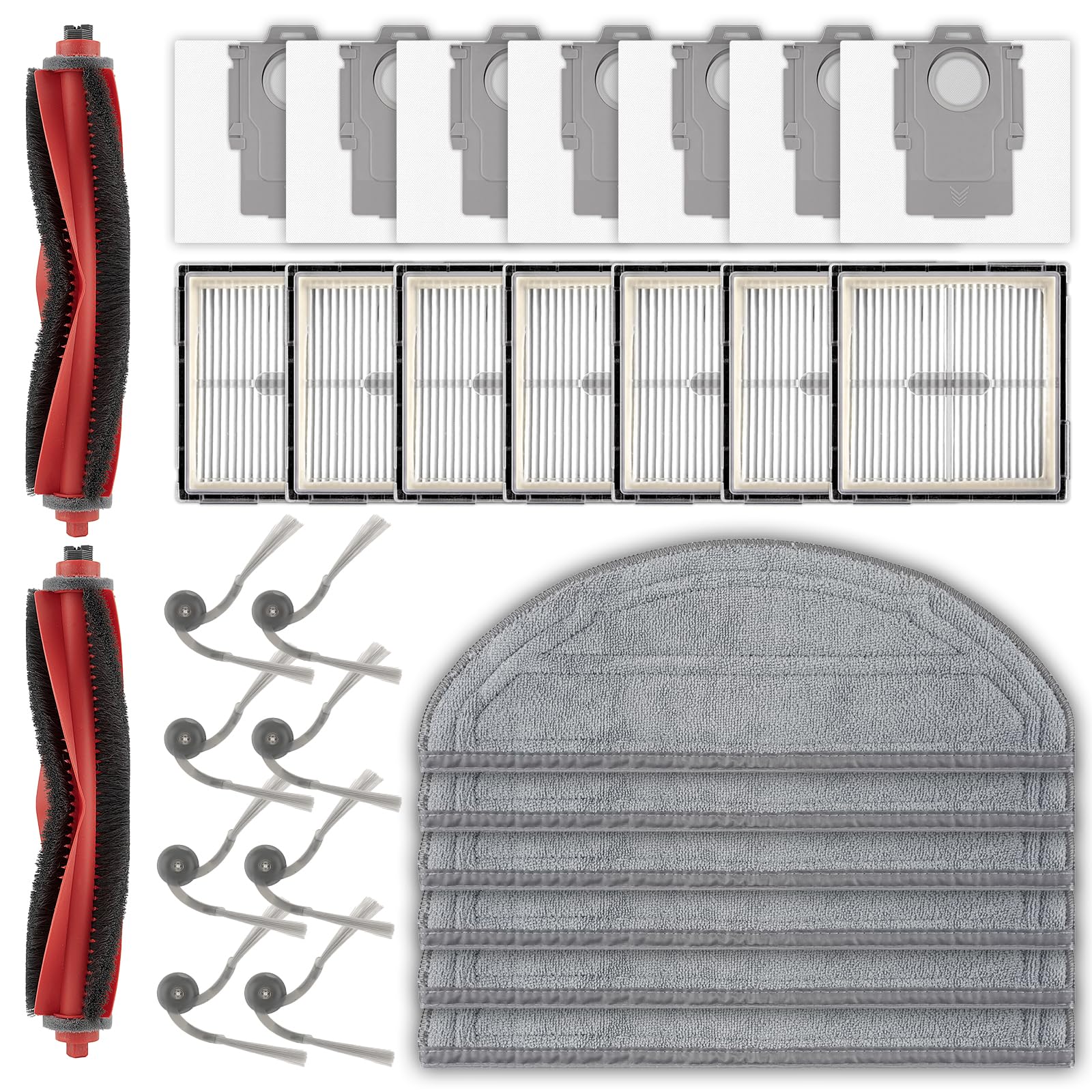 Confezione da 30 pezzi di ricambio Q10 S5+ compatibili con robot aspirapolvere Roborock Q10 S5+, 2 spazzole a rullo, 8 spazzole laterali, 7 filtri HEPA, 7 sacchetti per la polvere, 6 cuscinetti per