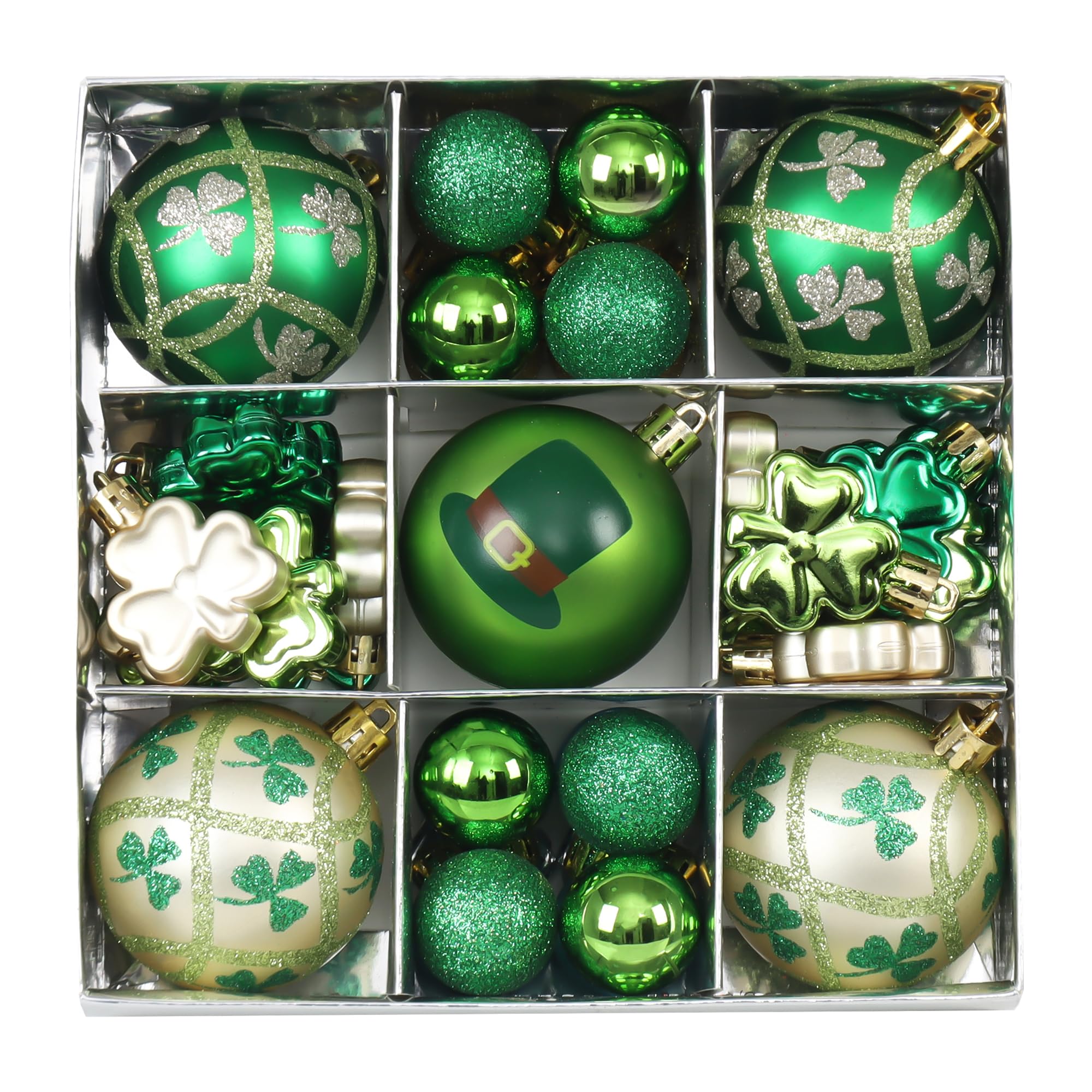 37Pcs St Patricks Day Decorations Shamrock Ornament, 2.36 Inch Hanging Ball Tree Ornaments Irish Festival Decor Set, Green and Gold Good Lucky Clover for Party Home Spring