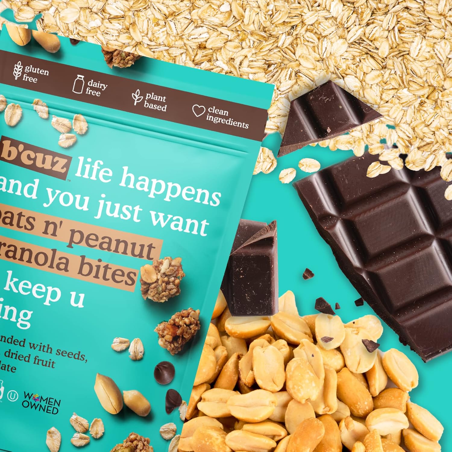 B'cuz Granola Bites 4-Bag Gluten Free Healthy Snacks for adults, Healthy Granola Gluten Free Snack - Kosher Snacks for Kids, Vegan Snack - 3 oz Oats 'n Peanuts (Pack of 4)