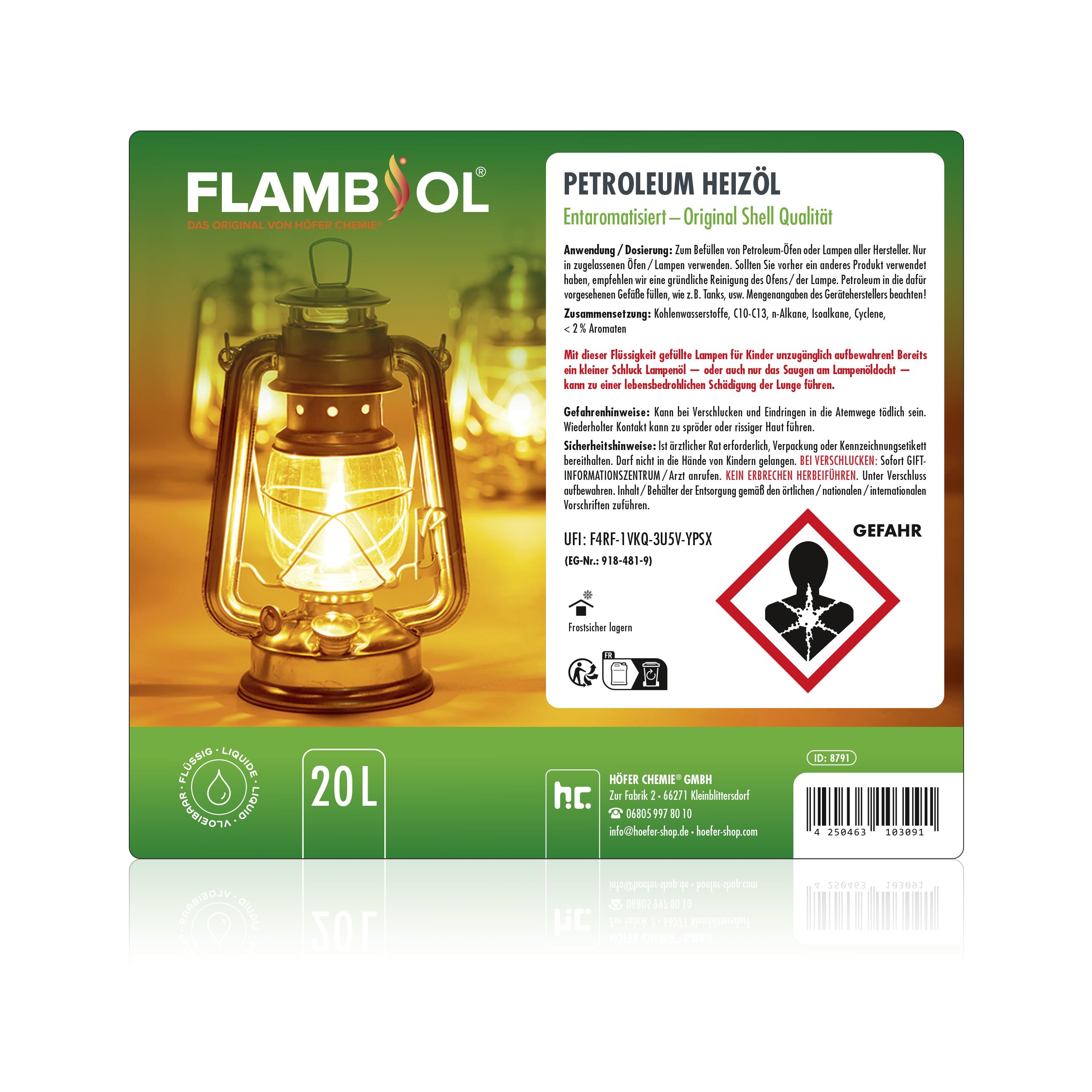 Höfer Chemie FLAMBIOL Gereinigtes Petroleum 1 x 20L Heizöl - Entaromatisierte Qualität - Für Campingheizung, Petroleumlampe & Grillanzünder - Rußfreie Verbrennung