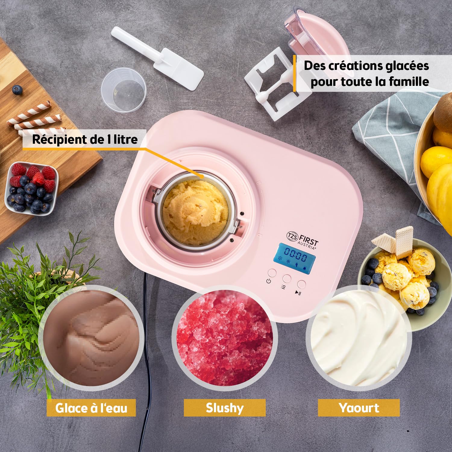 TZS First Austria - Sorbetière 1L avec Compresseur 3-en-1-100W Machine à Glace Auto-Réfrigérante - Pour Frozen Yogurt, Sorbet & Glace - Cuve Inox - Rose
