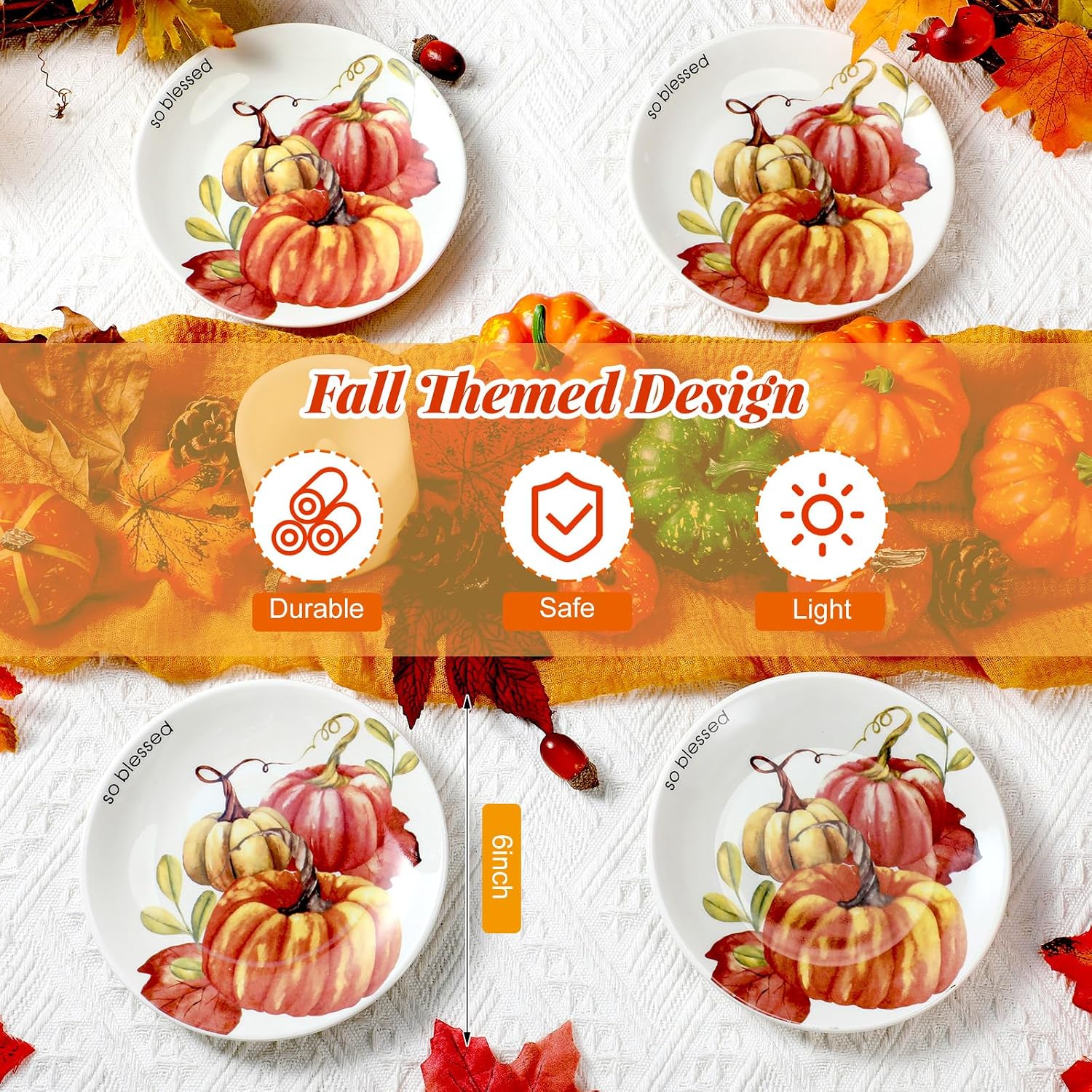 SiliFine 6 Pcs 6 Inch Fall Plates Thanksgiving Ceramic Salad Plates So Blessed Platter Cookie Dishes Autumn Harvest Vintage Dessert Appetizer for Thanksgiving Dinner Party Decoration(Pumpkin)
